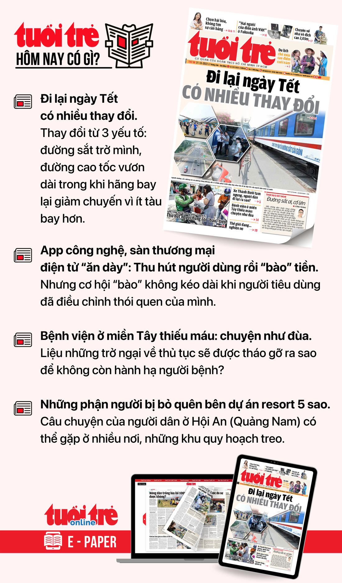 Tin tức chính trên Tuổi Trẻ nhật báo hôm nay 31-10. Để đọc Tuổi Trẻ báo in phiên bản E-paper, mời bạn đăng ký Tuổi Trẻ Sao TẠI ĐÂY