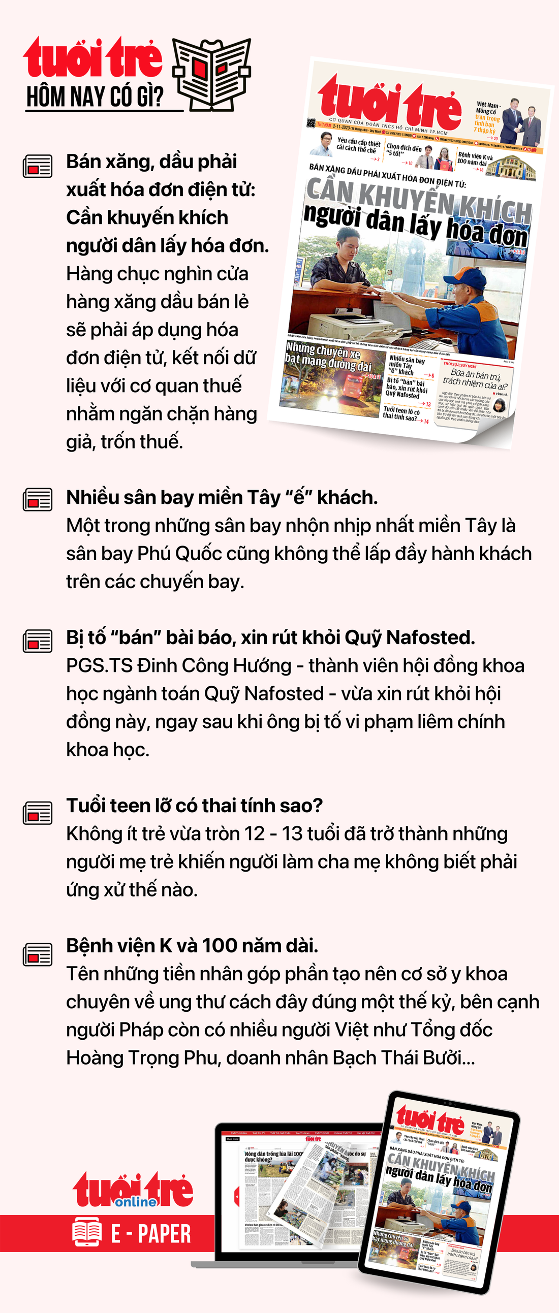 Tin tức chính trên Tuổi Trẻ nhật báo hôm nay 2-11. Để đọc Tuổi Trẻ báo in phiên bản E-paper, mời bạn đăng ký Tuổi Trẻ Sao TẠI ĐÂY