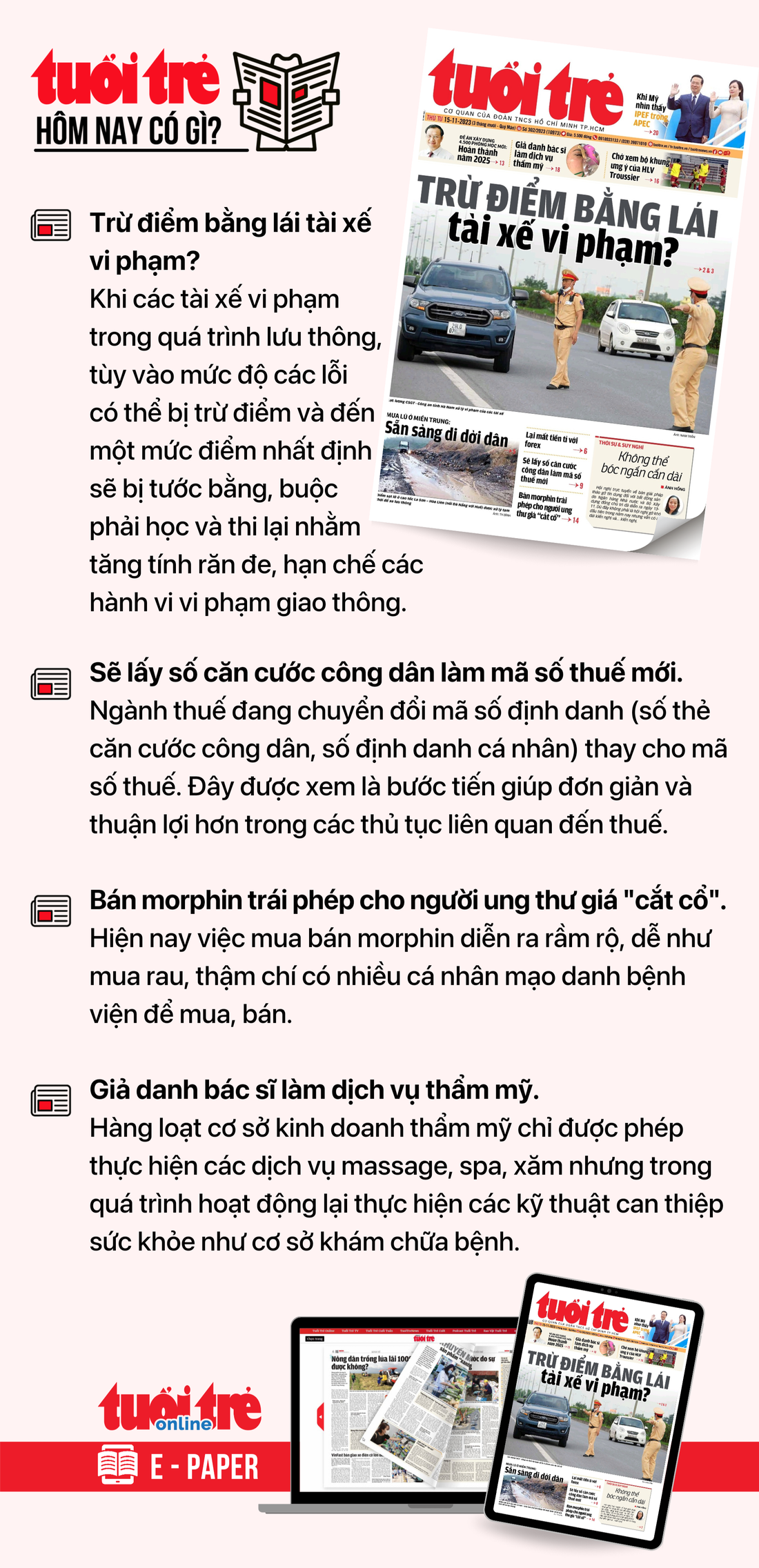 Tin tức chính trên Tuổi Trẻ nhật báo hôm nay 15-11. Để đọc Tuổi Trẻ báo in phiên bản E-paper, mời bạn đăng ký Tuổi Trẻ Sao TẠI ĐÂY