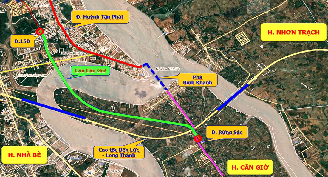Hướng tuyến cầu Cần Giờ được UBND TP.HCM lựa chọn và được Thủ tướng chấp thuận bổ sung trong quy hoạch giao thông vận tải của TP.HCM - Đồ họa: Theo báo cáo quy hoạch xây dựng cầu Cần Giờ