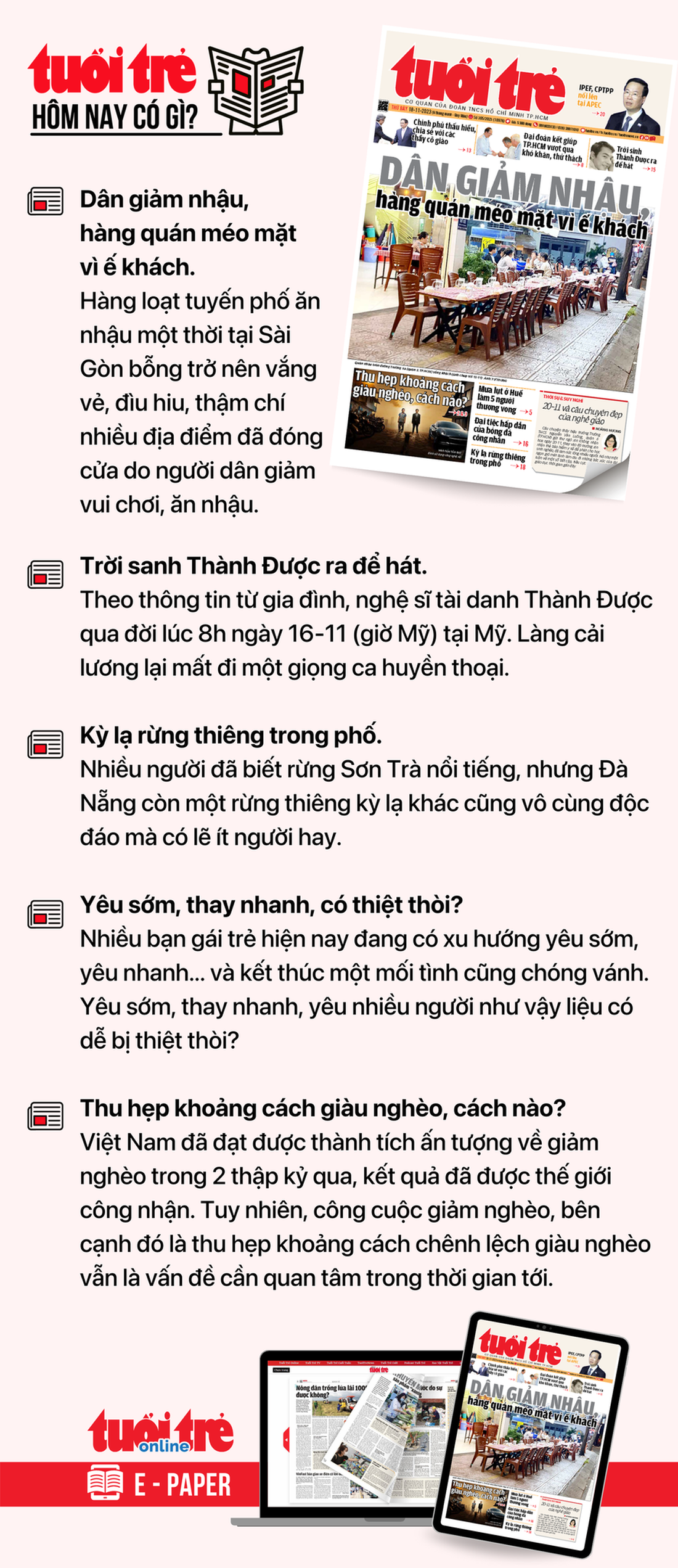 Tin tức chính trên Tuổi Trẻ nhật báo hôm nay 18-11. Để đọc Tuổi Trẻ báo in phiên bản E-paper, mời bạn đăng ký Tuổi Trẻ Sao TẠI ĐÂY