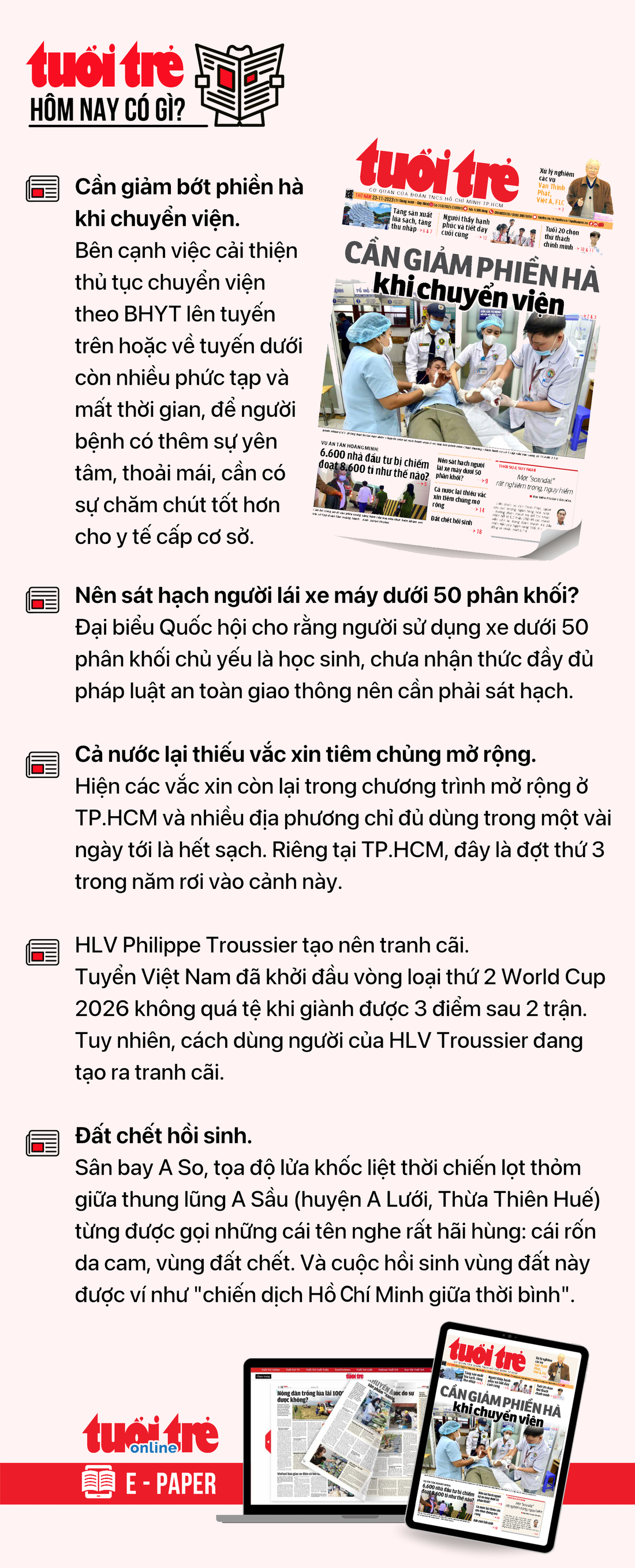 Tin tức chính trên Tuổi Trẻ nhật báo hôm nay 23-11. Để đọc Tuổi Trẻ báo in phiên bản E-paper, mời bạn đăng ký Tuổi Trẻ Sao TẠI ĐÂY