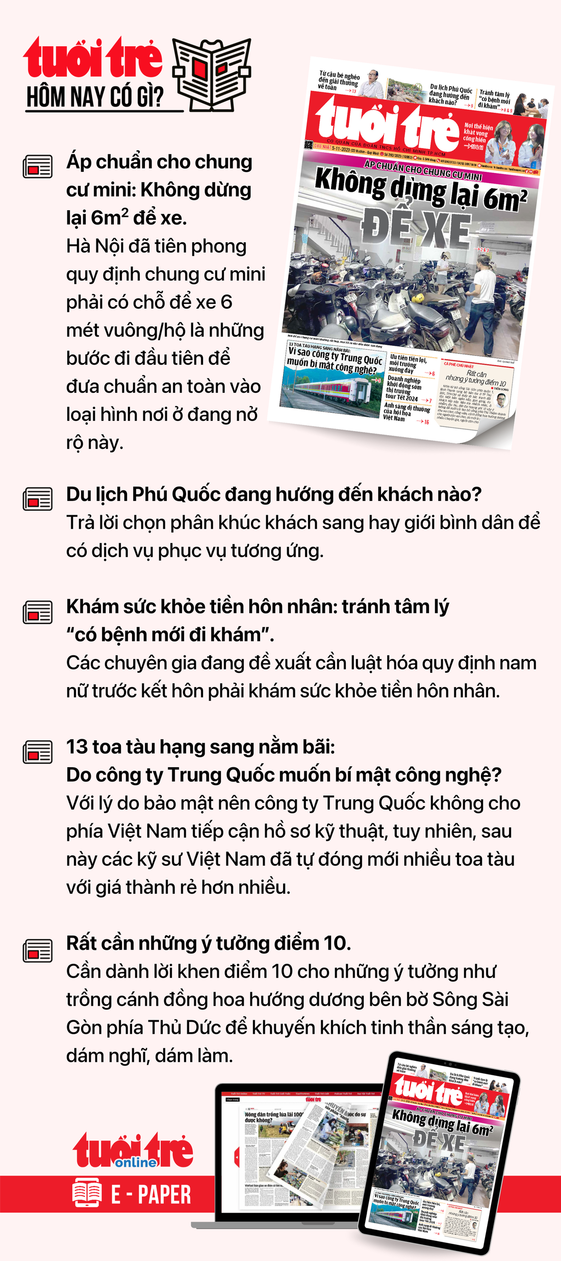 Tin tức chính trên Tuổi Trẻ nhật báo hôm nay 5-11. Để đọc Tuổi Trẻ báo in phiên bản E-paper, mời bạn đăng ký Tuổi Trẻ Sao TẠI ĐÂY