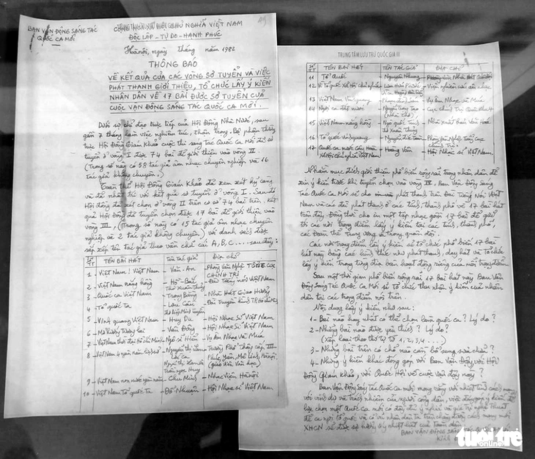 Thông báo viết tay của Ban vận động sáng tác quốc ca mới năm 1982, báo cáo về việc chọn 17 tác phẩm vào vòng 3 - Ảnh: T.ĐIỂU chụp lại từ Trung tâm lưu trữ quốc gia