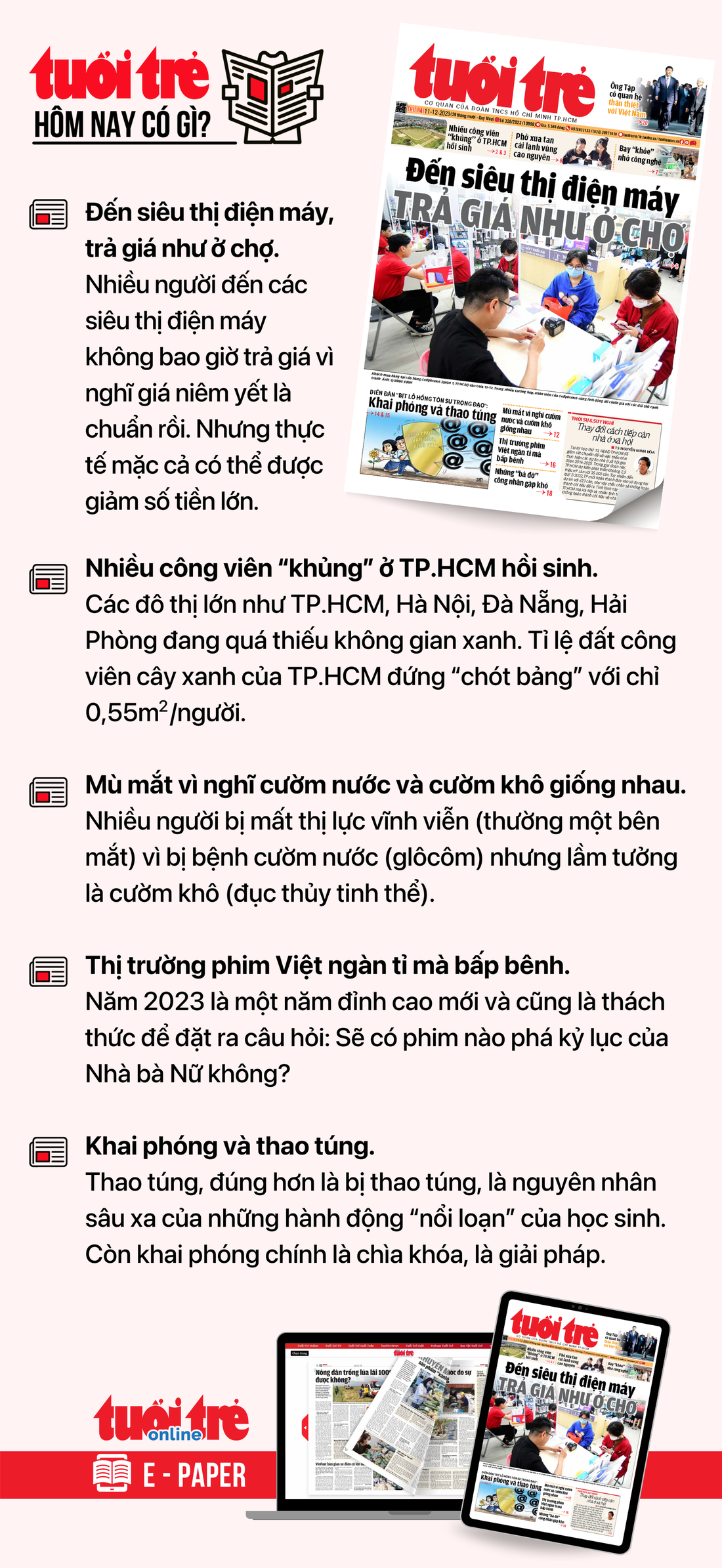 Tin tức chính trên Tuổi Trẻ nhật báo hôm nay 11-12. Để đọc Tuổi Trẻ báo in phiên bản E-paper, mời bạn đăng ký Tuổi Trẻ Sao TẠI ĐÂY