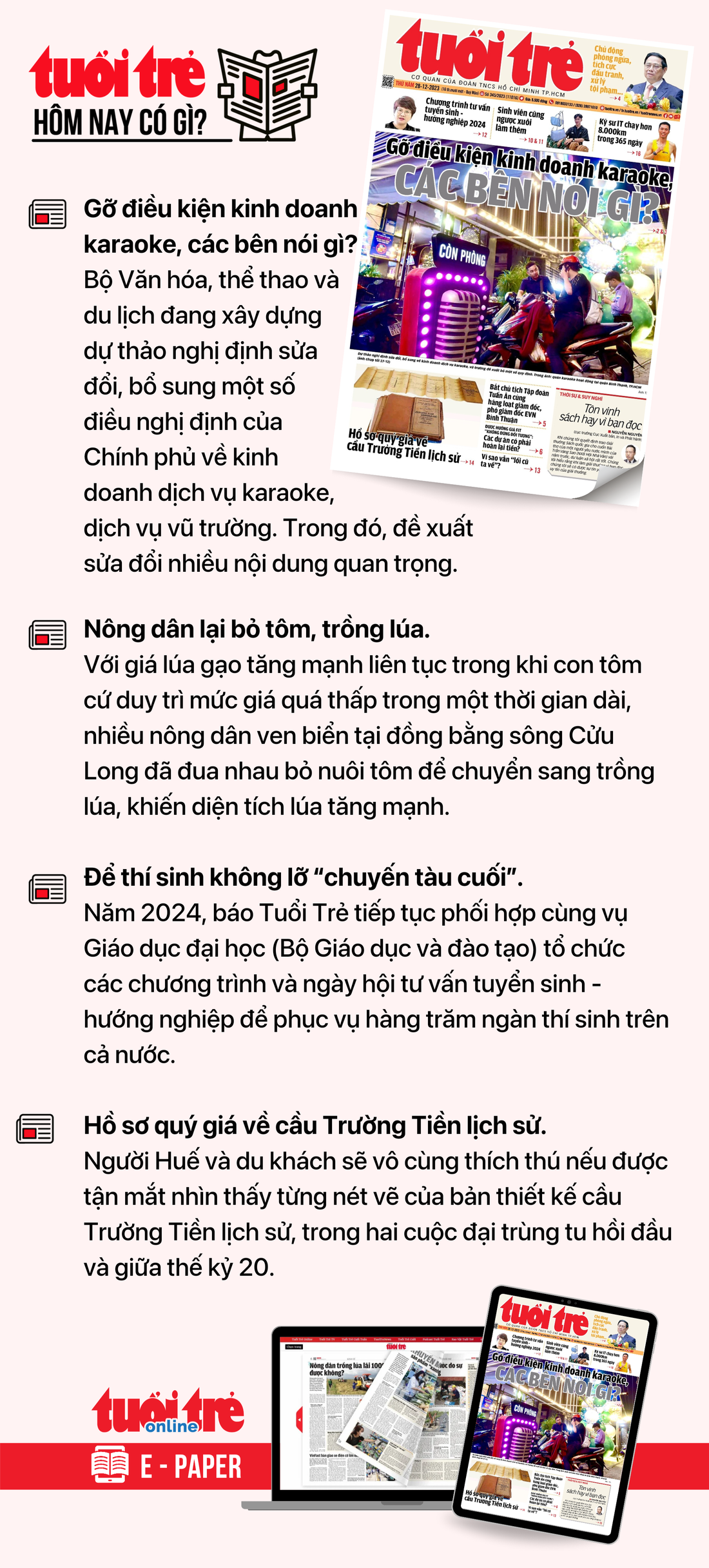 Tin tức đáng chú ý trên Tuổi Trẻ nhật báo ngày 28-12. Để đọc Tuổi Trẻ báo in phiên bản E-paper, mời bạn đăng ký Tuổi Trẻ Sao TẠI ĐÂY