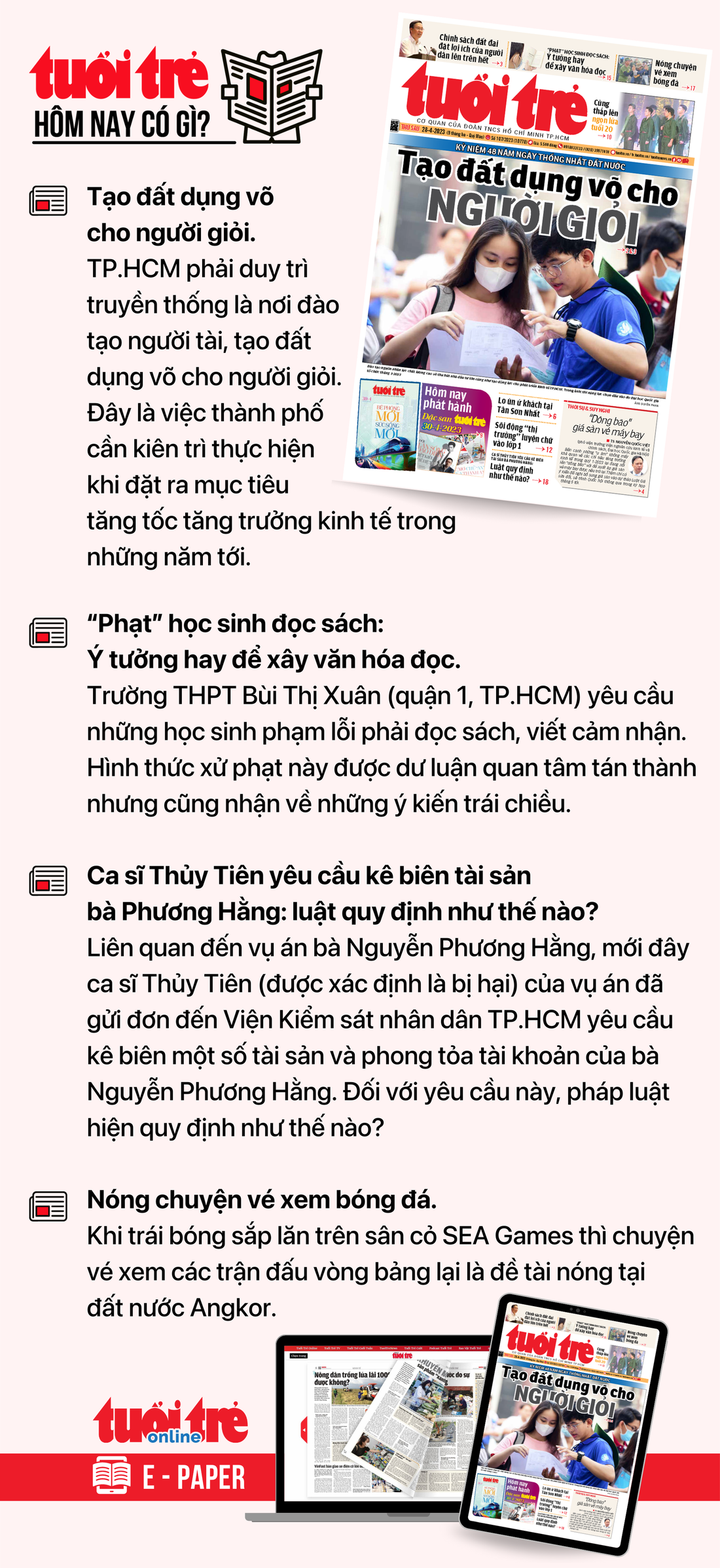 Tin tức chính trên Tuổi Trẻ nhật báo hôm nay 28-4. Để đọc Tuổi Trẻ báo in phiên bản E-paper, mời bạn đăng ký Tuổi Trẻ Sao TẠI ĐÂY