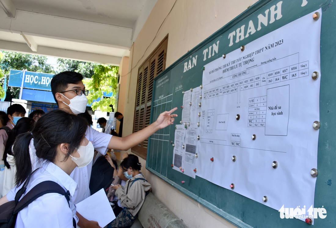 Thí sinh xem sơ đồ phòng trước khi bước vào phòng thi làm thủ tục - Ảnh: MINH CHIẾN