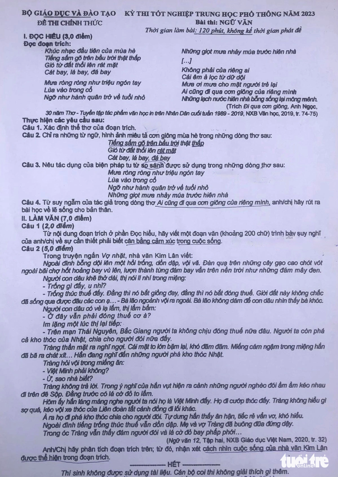 Tác phẩm Vợ nhặt vào đề thi văn tốt nghiệp, thí sinh khen đề hay - Ảnh 1.