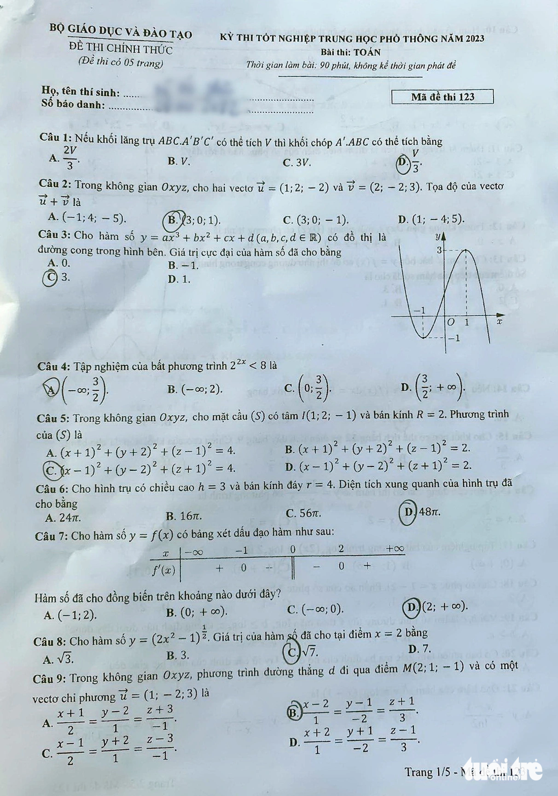 Đề toán kỳ thi tốt nghiệp THPT 2023 - Ảnh 1.