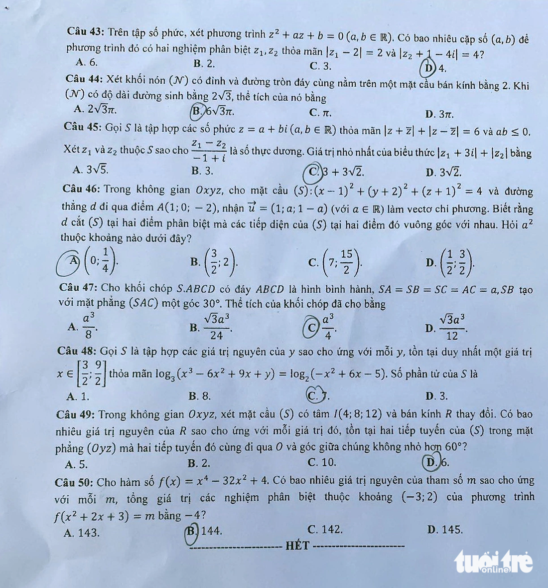 Đề thi toán, mã đề 123 - Ảnh: DOÃN HÒA