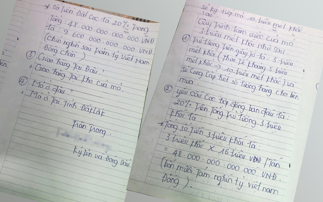 Tờ giấy &quot;bà trùm&quot; môi giới T. ghi nội dung yêu cầu gửi cho chủ mỏ V. ở Đắk Lắk để soạn thảo hợp đồng đặt cọc