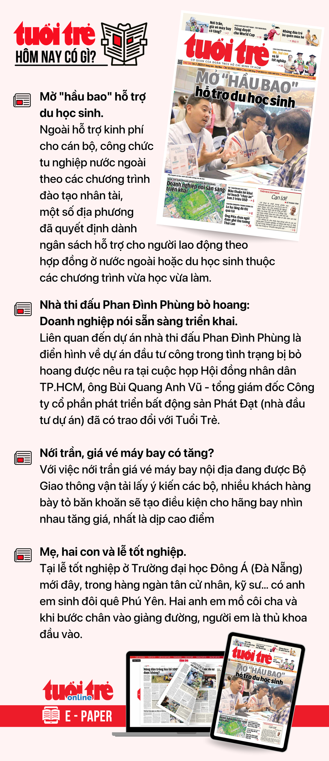 Tin tức chính trên Tuổi Trẻ nhật báo hôm nay 14-7. Để đọc Tuổi Trẻ báo in phiên bản E-paper, mời bạn đăng ký Tuổi Trẻ Sao TẠI ĐÂY