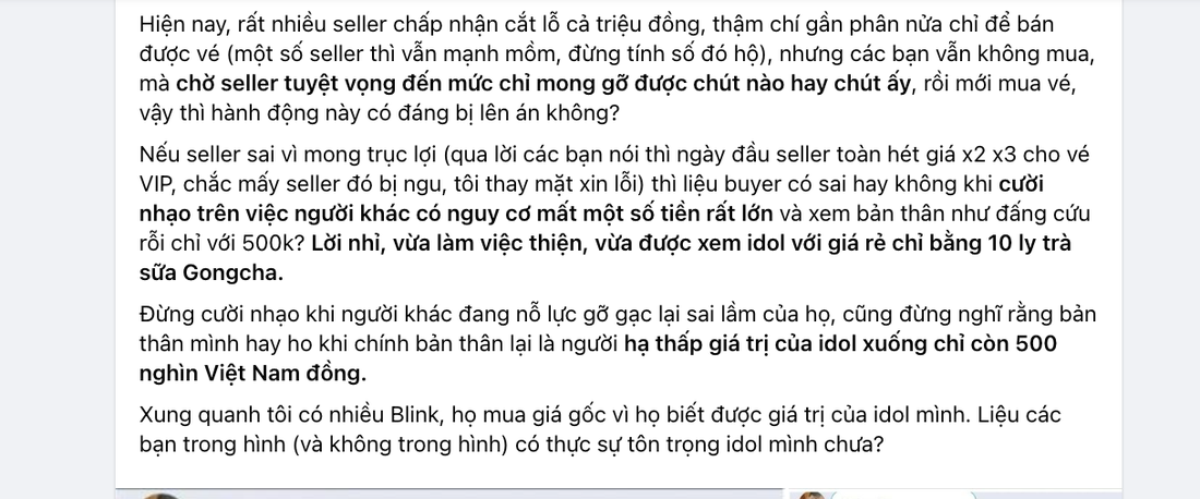 Ảnh chụp màn hình trích đoạn bài chia sẻ của một người tự nhận là dân phe vé trách móc người mua &quot;chờ người bán tuyệt vọng tới cùng cực mới mua lại&quot; bị ném đá tơi tả trên một nhóm đu idol Facebook - Ảnh chụp màn hình