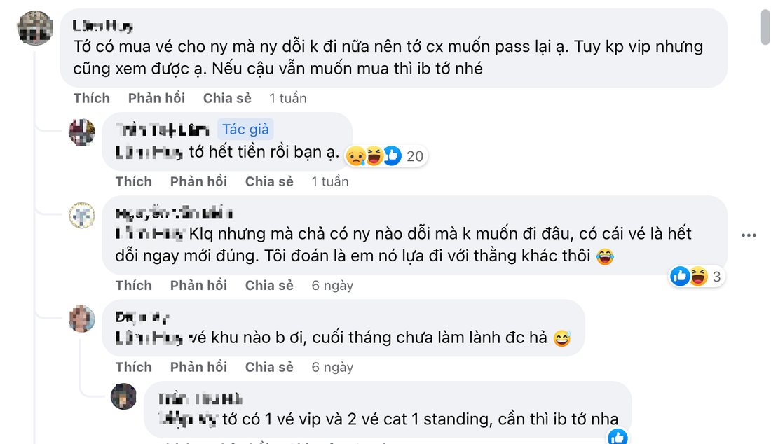 Muôn vàn lý do được nghĩ ra để bán lại vé - Ảnh: Chụp màn hình Facebook