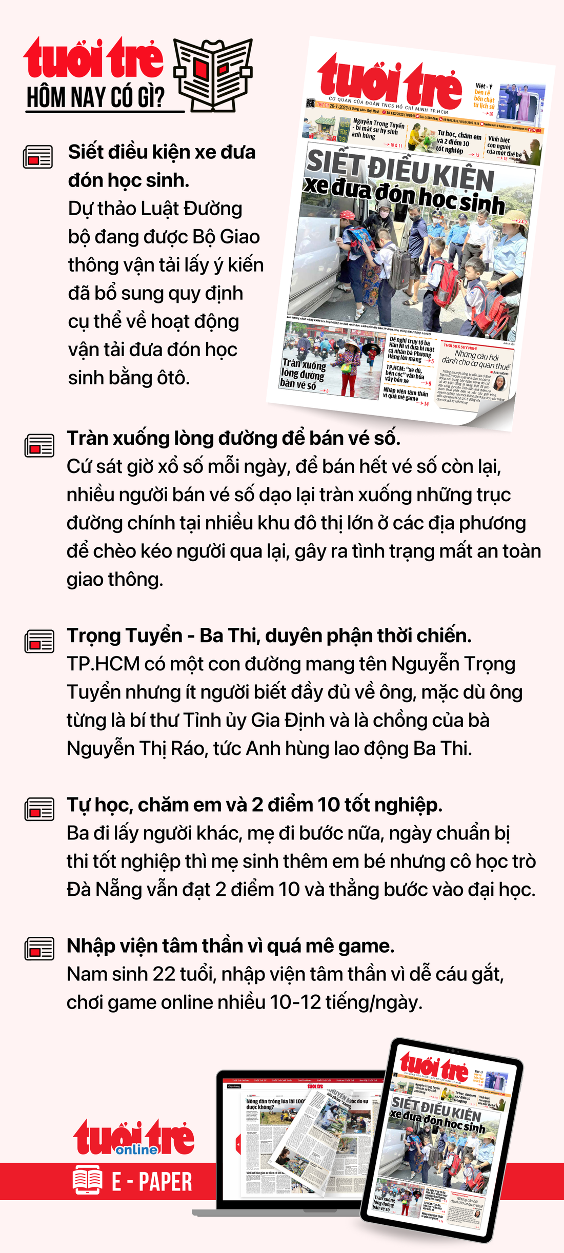 Tin tức chính trên Tuổi Trẻ nhật báo hôm nay 26-7. Để đọc Tuổi Trẻ báo in phiên bản E-paper, mời bạn đăng ký Tuổi Trẻ Sao TẠI ĐÂY