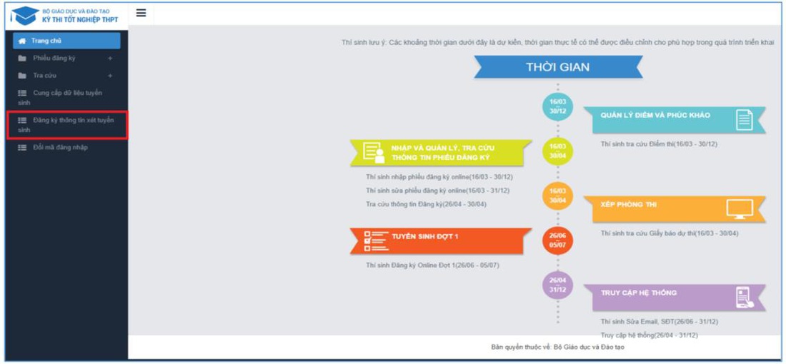 Nhấn vào nút OK để vào màn hình Thông tin đăng ký nguyện vọng của thí sinh