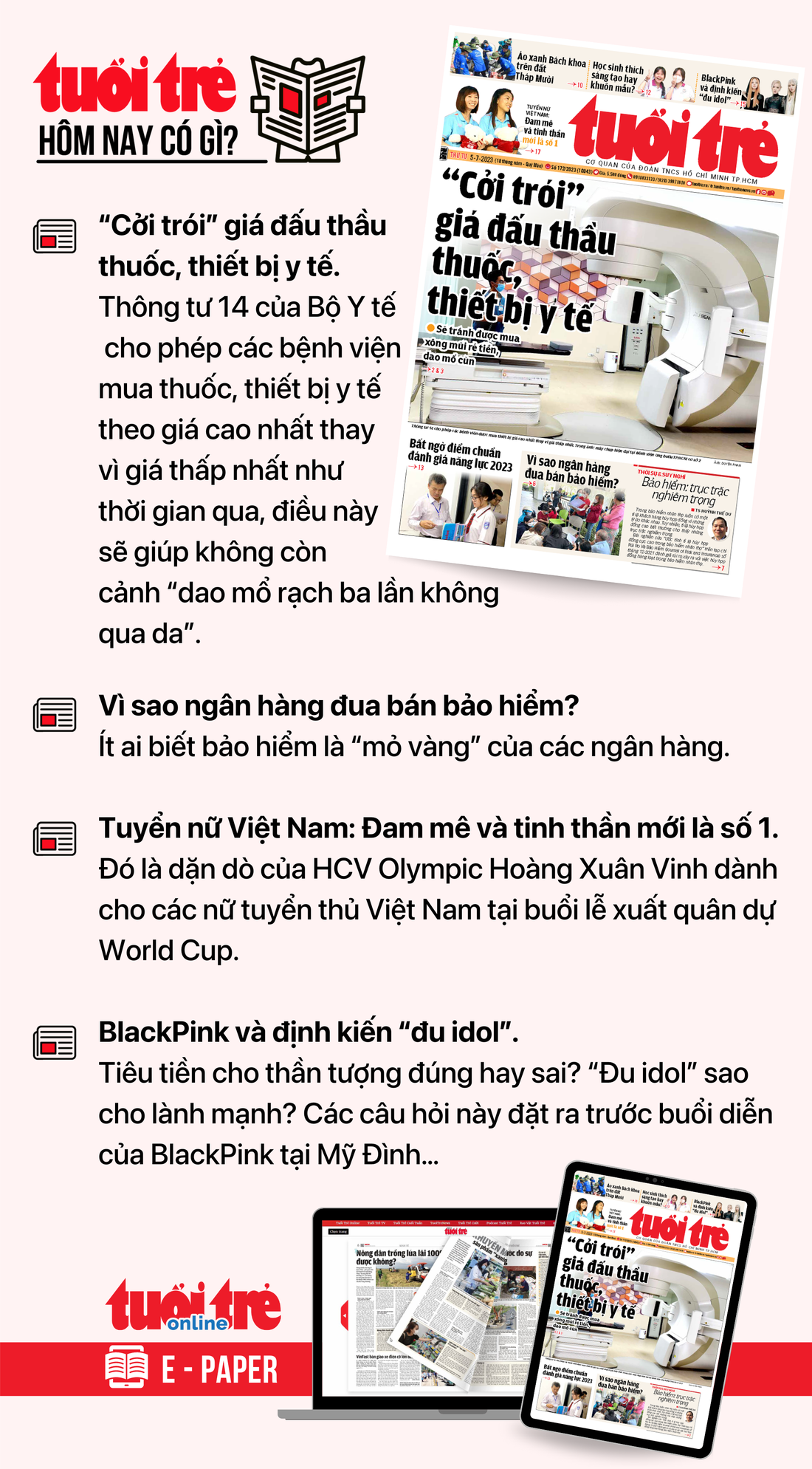 Tin tức chính trên Tuổi Trẻ nhật báo hôm nay 5-7. Để đọc Tuổi Trẻ báo in phiên bản E-paper, mời bạn đăng ký Tuổi Trẻ Sao TẠI ĐÂY