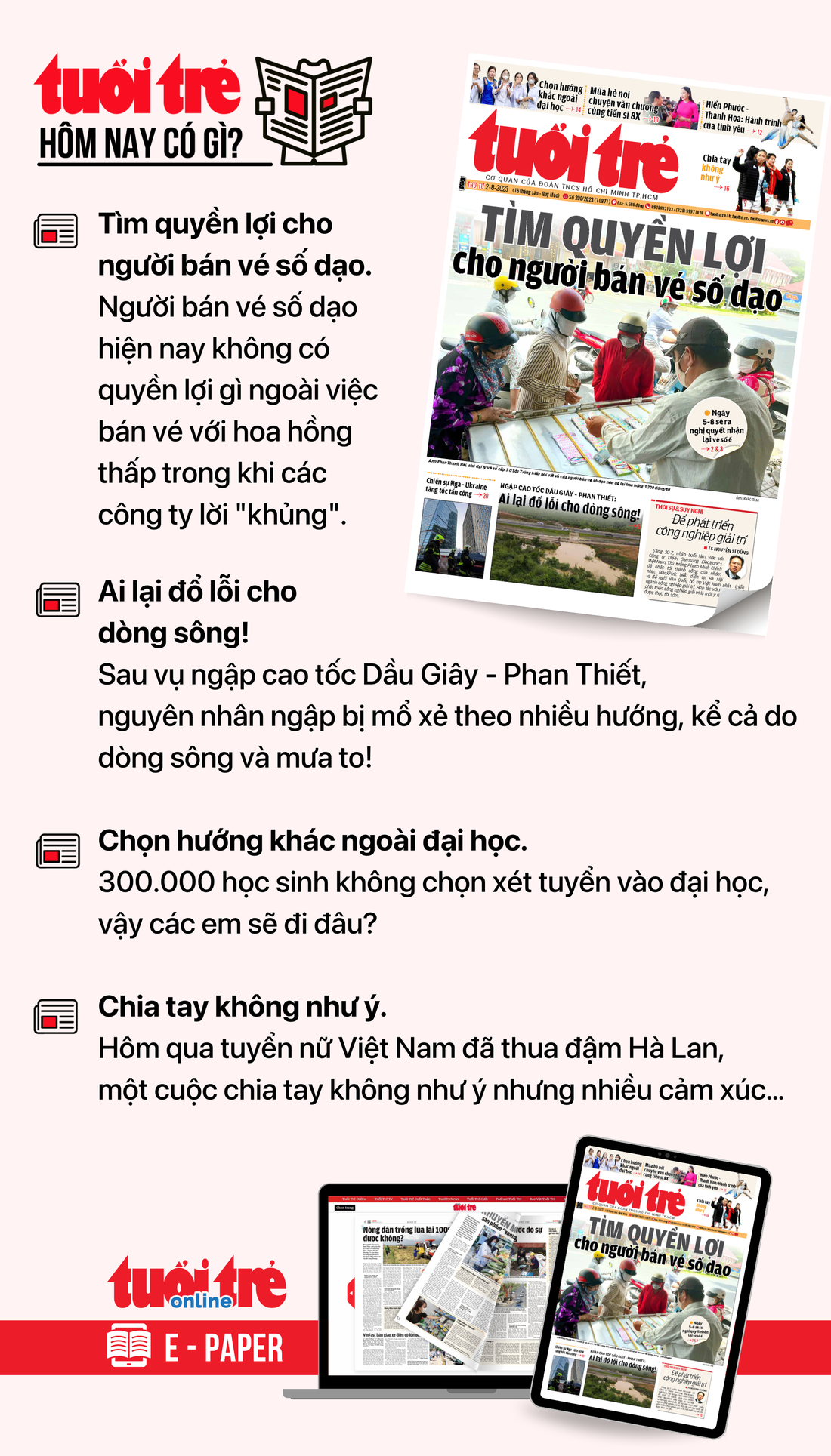 Tin tức chính trên Tuổi Trẻ nhật báo hôm nay 2-8. Để đọc Tuổi Trẻ báo in phiên bản E-paper, mời bạn đăng ký Tuổi Trẻ Sao TẠI ĐÂY