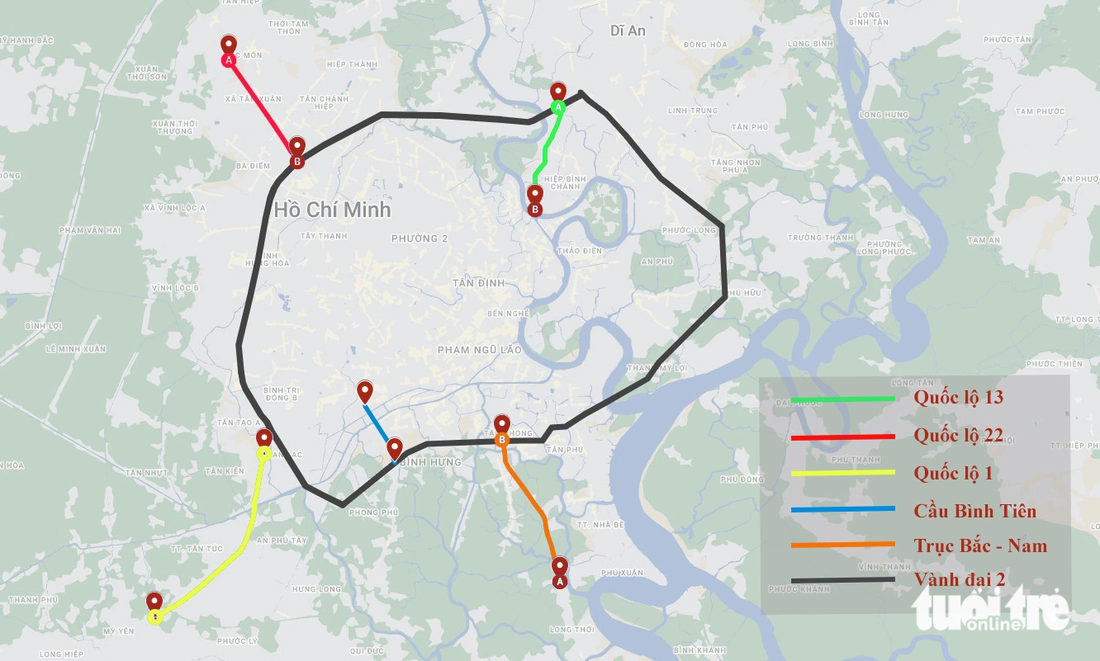 Vị trí 5 tuyến đường hiện hữu (kết nối với vành đai 2 TP.HCM) được đề xuất đầu tư mở rộng xây dựng theo hình thức BOT (cơ chế của nghị quyết 98) - Đồ họa: CHÂU TUẤN