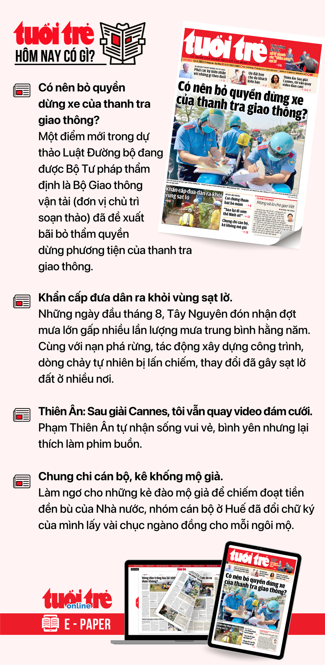 Tin tức chính trên Tuổi Trẻ nhật báo hôm nay 13-8. Để đọc Tuổi Trẻ báo in phiên bản E-paper, mời bạn đăng ký Tuổi Trẻ Sao TẠI ĐÂY