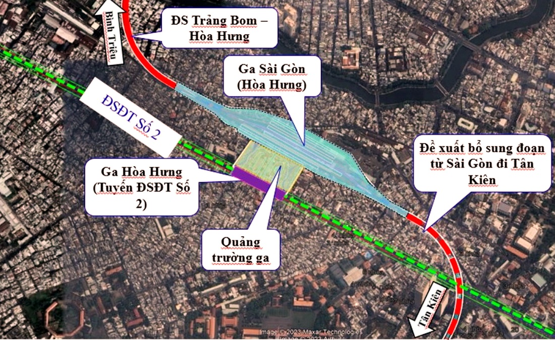 Tư vấn đề xuất quy mô xây dựng ga Sài Gòn. Tổng diện tích ga dự kiến khoảng 6,85ha. Diện tích quảng trường ga 2,3ha; tại quảng trường ga Sài Gòn bố trí ga metro, bến xe buýt, taxi, bãi đỗ phương tiện cá nhân phục vụ việc thu gom và phân tán khách đi, đến ga  - Nguồn: TEDI SOUTH