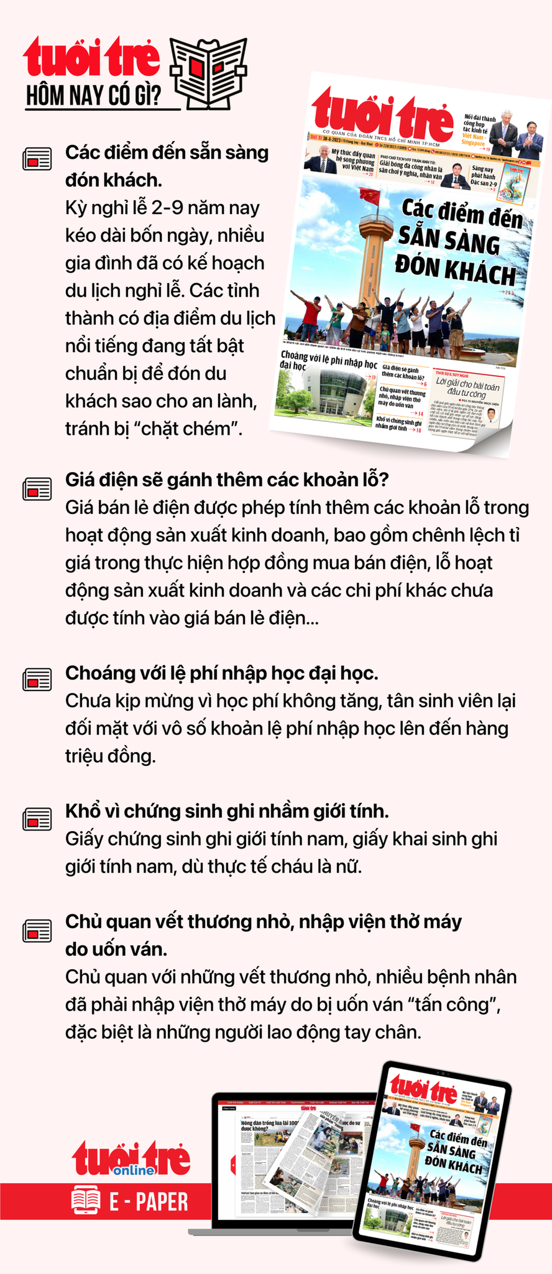 Tin tức đáng chú ý trên Tuổi Trẻ nhật báo ngày 30-8. Để đọc Tuổi Trẻ báo in phiên bản E-paper, mời bạn đăng ký Tuổi Trẻ Sao TẠI ĐÂY