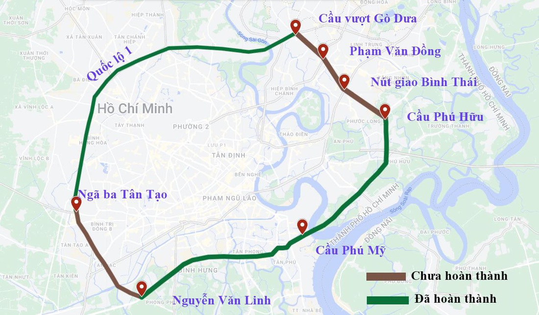 Theo Sở Giao thông vận tải TP.HCM, vành đai 2 là tuyến đường quan trọng để kết nối các khu công nghiệp, đô thị và các tuyến đường trục xuyên tâm nhằm giảm tải cho khu vực nội đô. Hiện nay, lượng hàng hóa tập trung về khu vực phía đông thành phố và đi vào các cảng Phú Hữu, Cát Lái... ngày càng tăng. Do vậy, việc đầu tư khép kín đường vành đai 2, bao gồm xây dựng đoạn từ cầu Phú Hữu đến đường Võ Nguyên Giáp là hết sức cần thiết - Đồ họa: CHÂU TUẤN