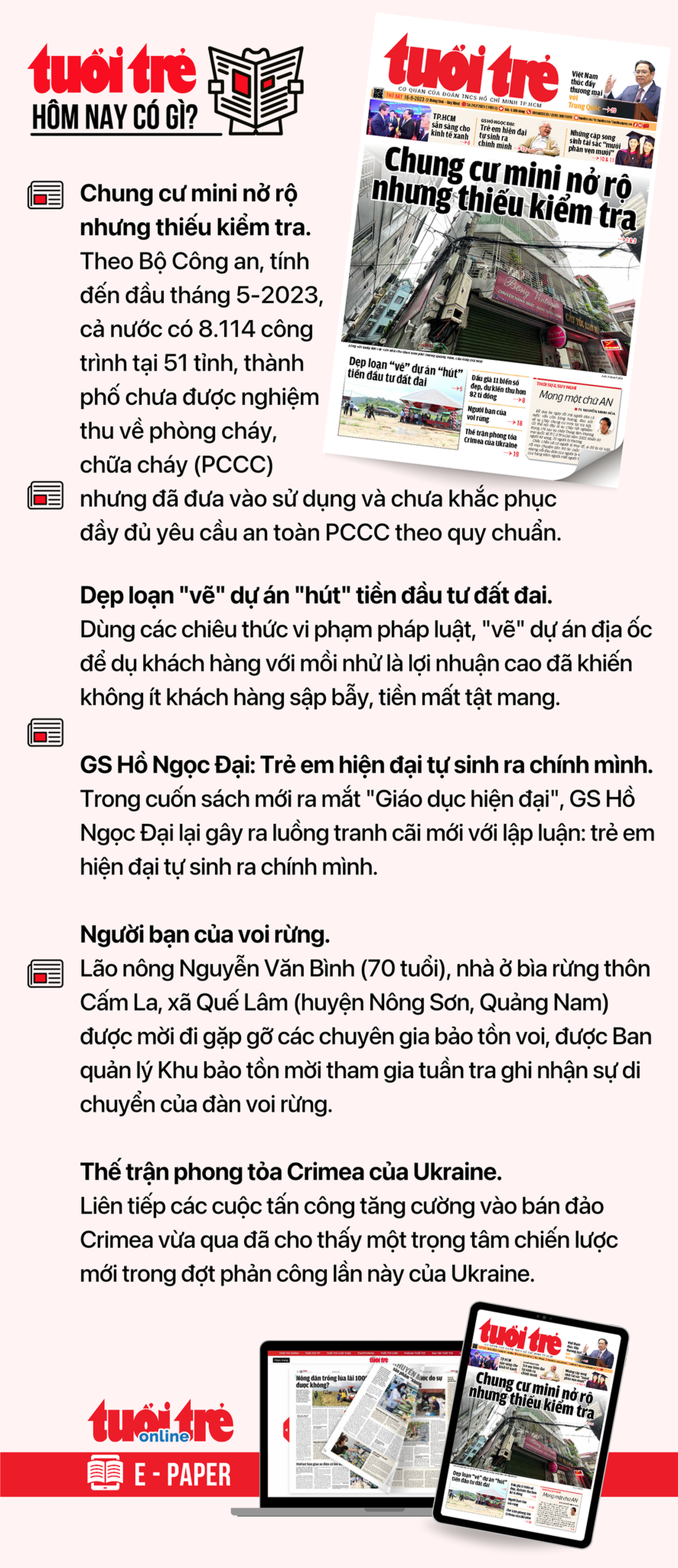 Tin tức chính trên Tuổi Trẻ nhật báo hôm nay 16-9. Để đọc Tuổi Trẻ báo in phiên bản E-paper, mời bạn đăng ký Tuổi Trẻ Sao TẠI ĐÂY