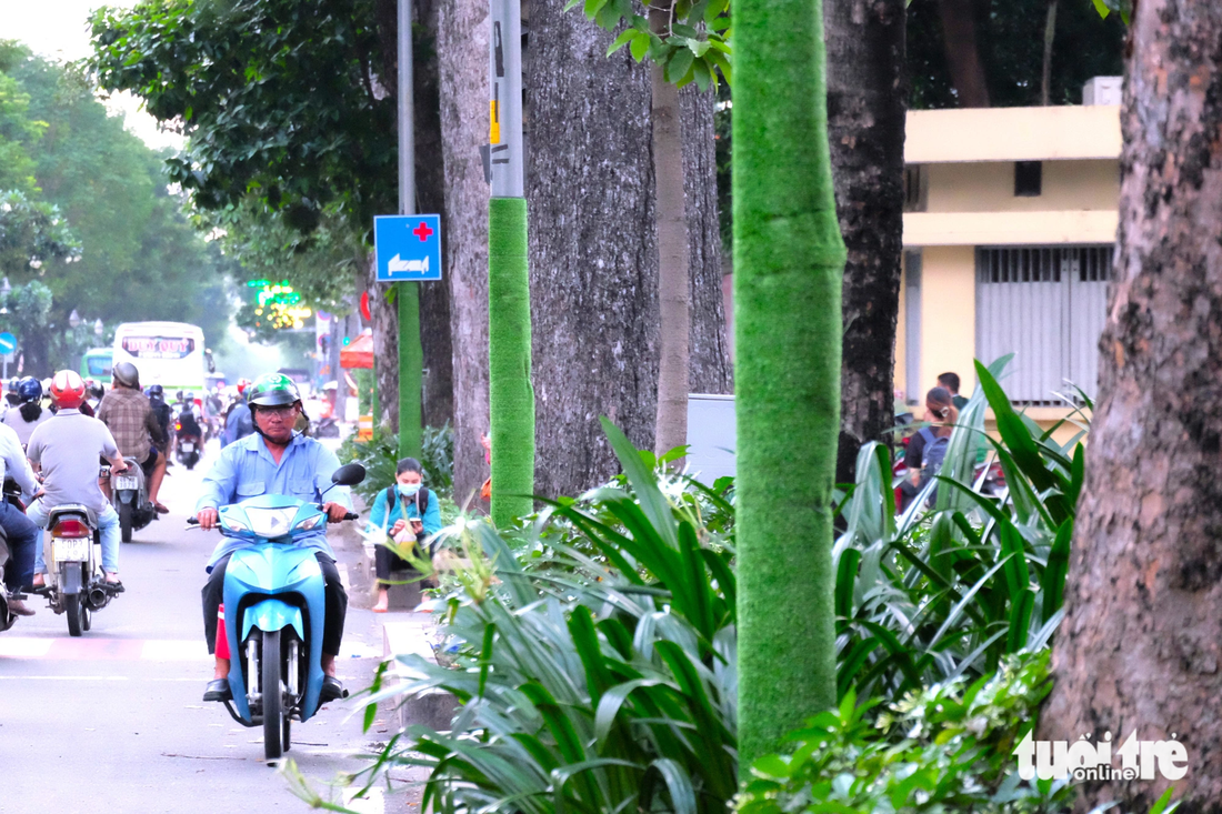 Loạt cột đèn trên đường Hồng Bàng (quận 5) được quấn thảm cỏ nhân tạo xung quanh. Theo người dân, màu xanh của thảm cỏ nhân tạo khá hài hòa với cây cỏ xung quanh, tạo nên giá trị về mặt thẩm mỹ