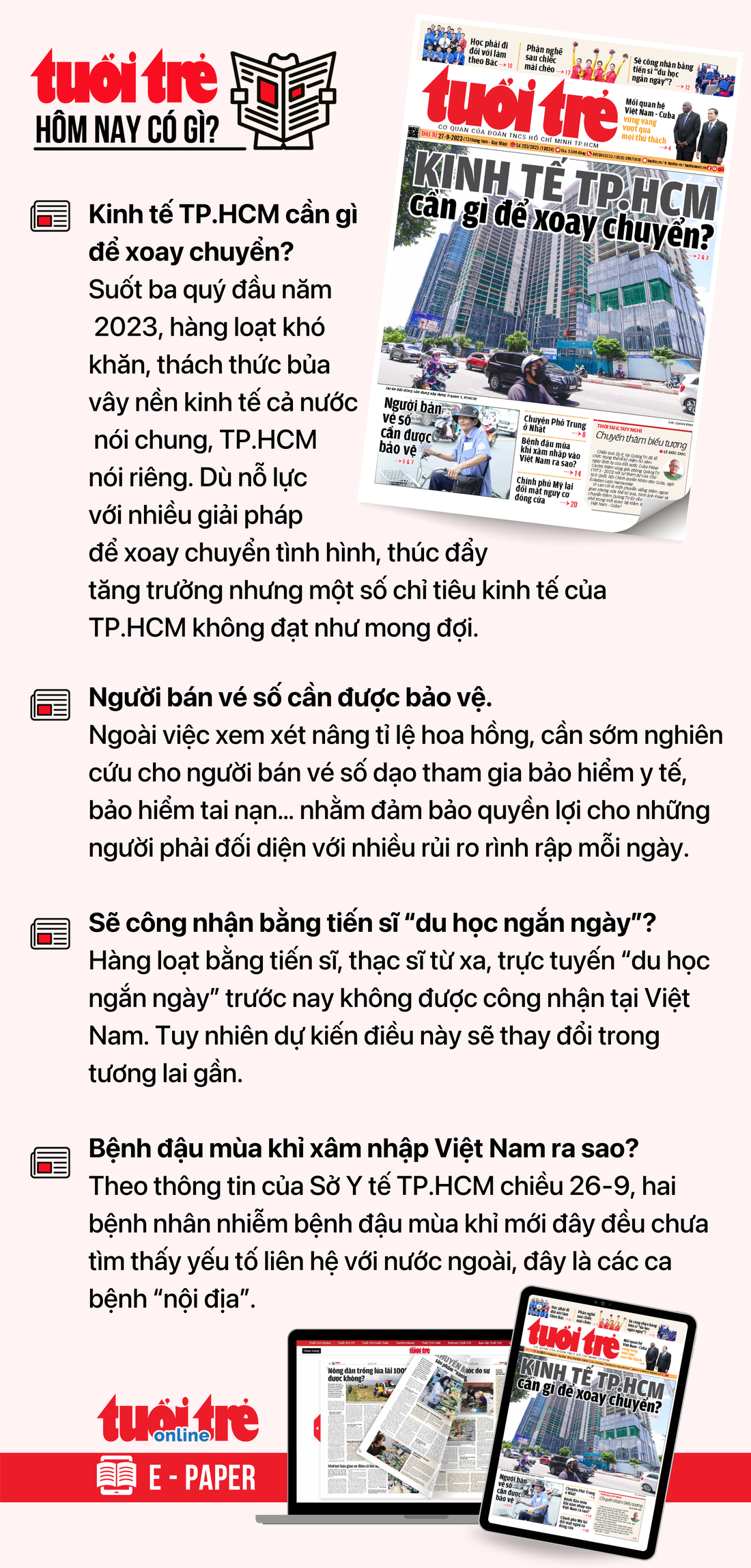 Tin tức chính trên Tuổi Trẻ nhật báo hôm nay 27-9. Để đọc Tuổi Trẻ báo in phiên bản E-paper, mời bạn đăng ký Tuổi Trẻ Sao TẠI ĐÂY