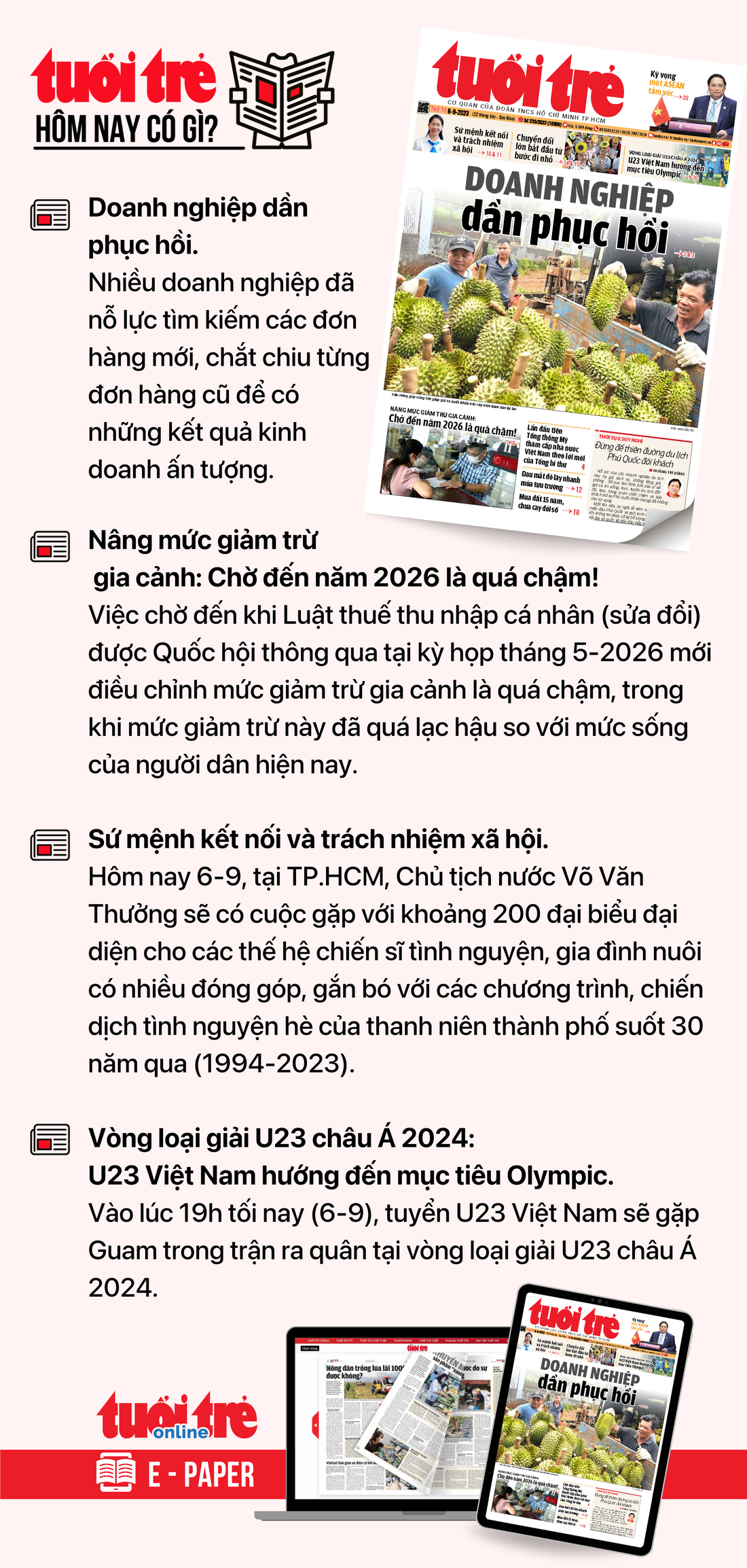 Tin tức chính trên Tuổi Trẻ nhật báo hôm nay 6-9. Để đọc Tuổi Trẻ báo in phiên bản E-paper, mời bạn đăng ký Tuổi Trẻ Sao TẠI ĐÂY