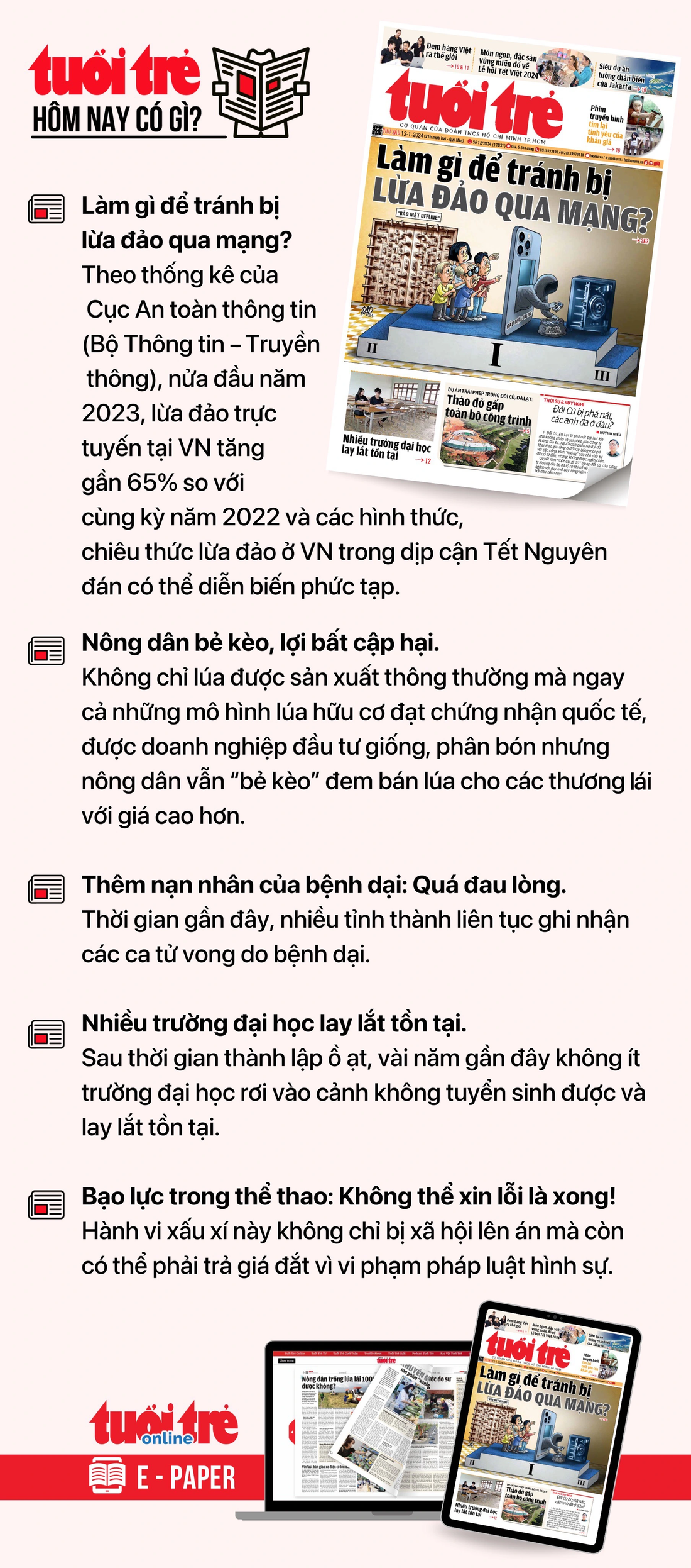 Tin tức đáng chú ý trên Tuổi Trẻ nhật báo ngày 12-1. Để đọc Tuổi Trẻ báo in phiên bản E-paper, mời bạn đăng ký Tuổi Trẻ Sao TẠI ĐÂY