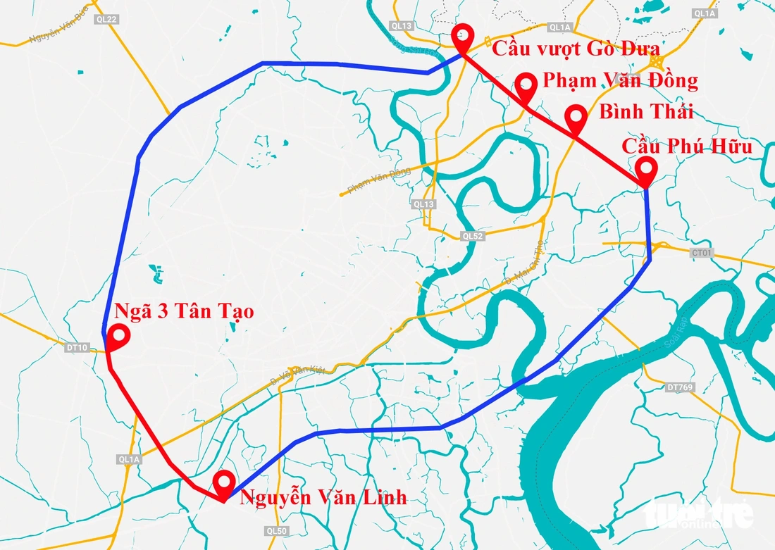 Hiện nay, 14km của tổng dự án vành đai 2 vẫn chưa hoàn thành, bao gồm 4 đoạn: đoạn 1 từ cầu Phú Hữu đến Võ Nguyên Giáp dài 3,5km; đoạn 2 từ Võ Nguyên Giáp đến Phạm Văn Đồng dài 2,5km; đoạn 3 từ Phạm Văn Đồng đến nút giao thông Gò Dưa dài 2,7km tạm ngưng từ năm 2020; còn đoạn 4 từ gần ngã 3 Tân Tạo đến Nguyễn Văn Linh vẫn chưa làm - Đồ họa: CHÂU TUẤN