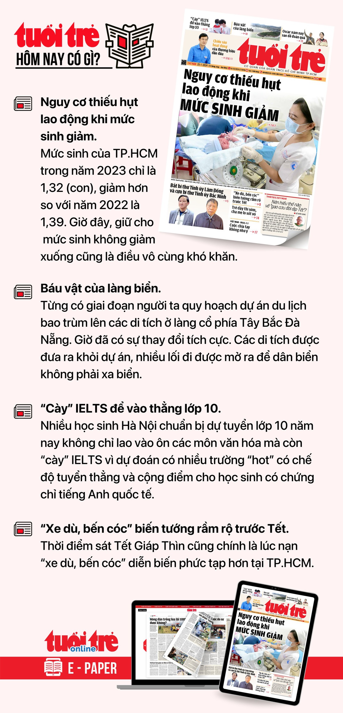 Tin tức chính trên Tuổi Trẻ nhật báo hôm nay 25-1. Để đọc Tuổi Trẻ báo in phiên bản E-paper, mời bạn đăng ký Tuổi Trẻ Sao TẠI ĐÂY