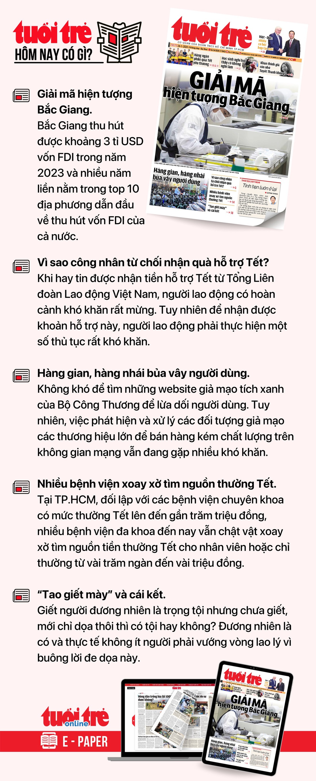 Tin tức đáng chú ý trên Tuổi Trẻ nhật báo ngày 24-1. Để đọc Tuổi Trẻ báo in phiên bản E-paper, mời bạn đăng ký Tuổi Trẻ Sao TẠI ĐÂY