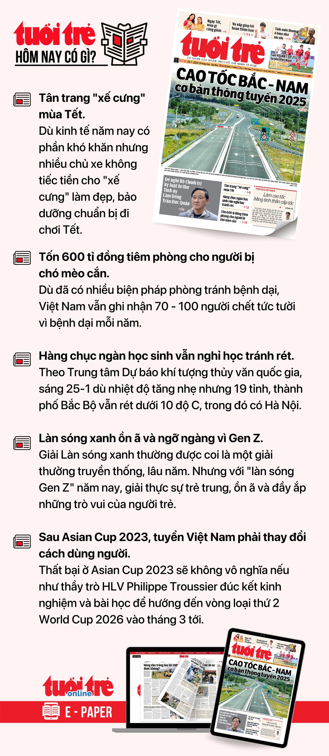 Tin tức chính trên Tuổi Trẻ nhật báo hôm nay 26-1. Để đọc Tuổi Trẻ báo in phiên bản E-paper, mời bạn đăng ký Tuổi Trẻ Sao TẠI ĐÂY