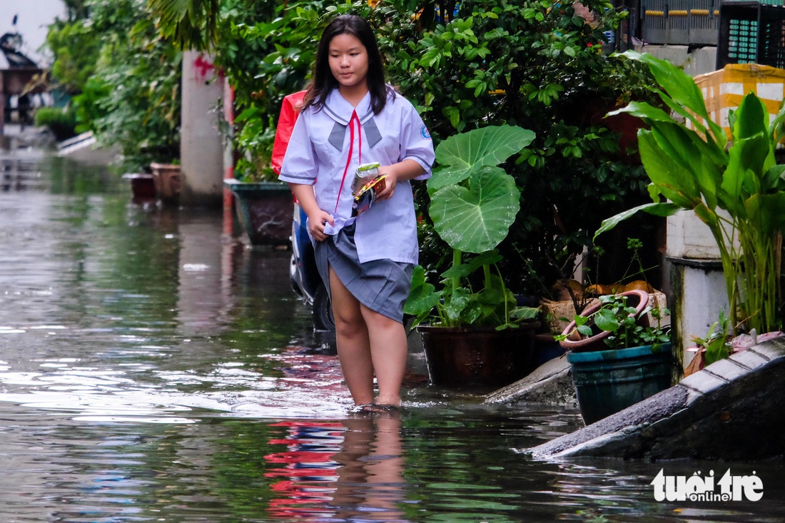 Hẻm ở quận Bình Tân lại ngập tới đầu gối, học sinh lội nước thối tan trường - Ảnh 2.