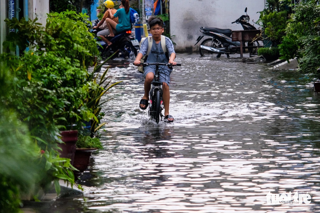 Hẻm ở quận Bình Tân lại ngập tới đầu gối, học sinh lội nước thối tan trường - Ảnh 3.