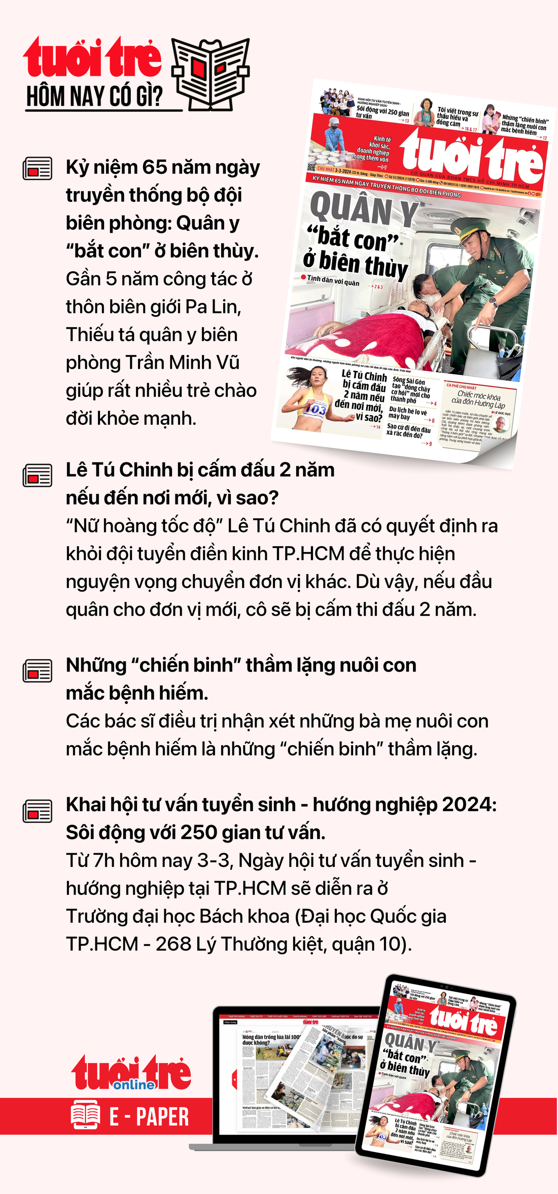 Tin tức chính trên Tuổi Trẻ nhật báo hôm nay 3-3. Để đọc Tuổi Trẻ báo in phiên bản E-paper, mời bạn đăng ký Tuổi Trẻ Sao TẠI ĐÂY