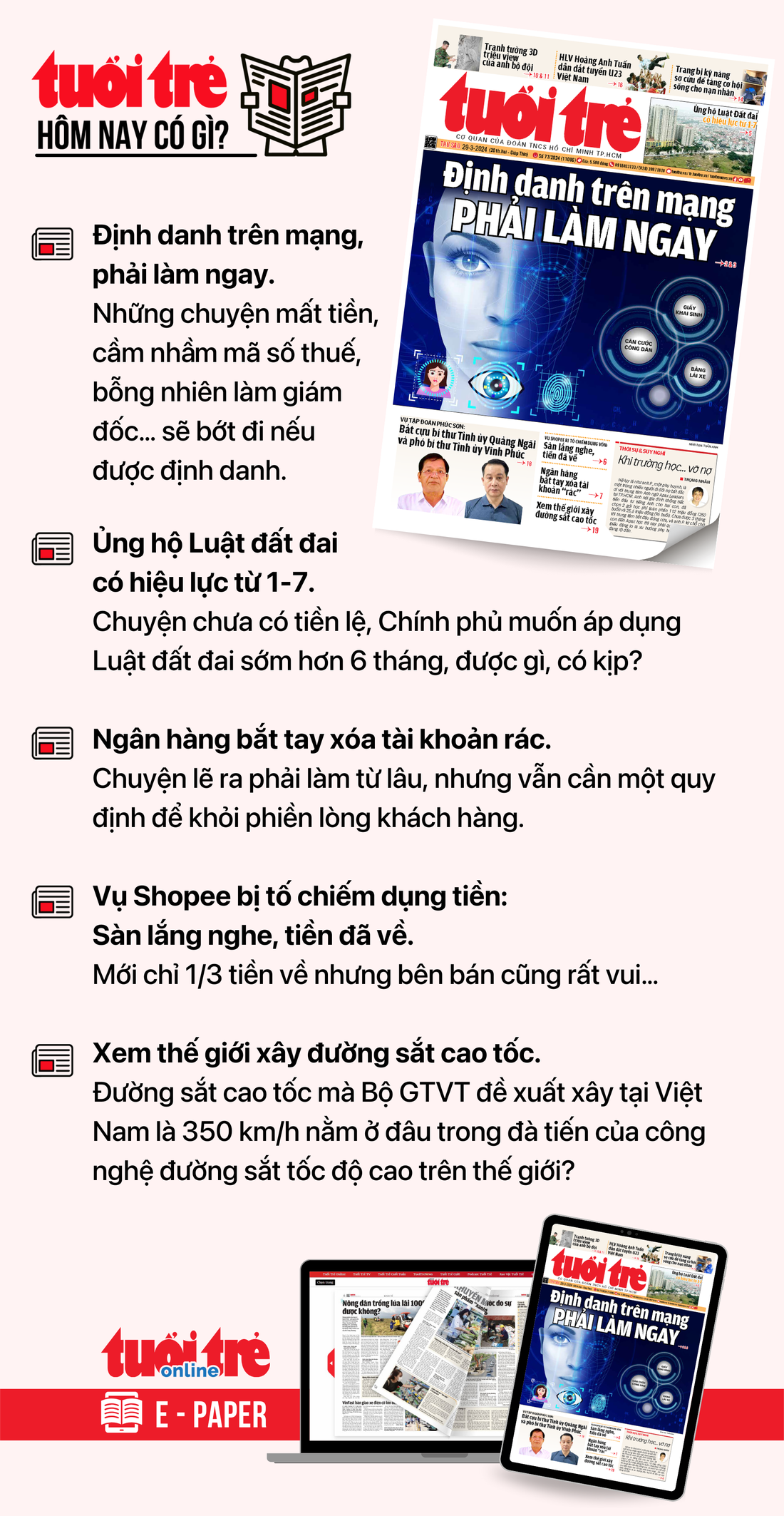 Tin tức chính trên Tuổi Trẻ nhật báo hôm nay 29-3. Để đọc Tuổi Trẻ báo in phiên bản E-paper, mời bạn đăng ký Tuổi Trẻ Sao TẠI ĐÂY