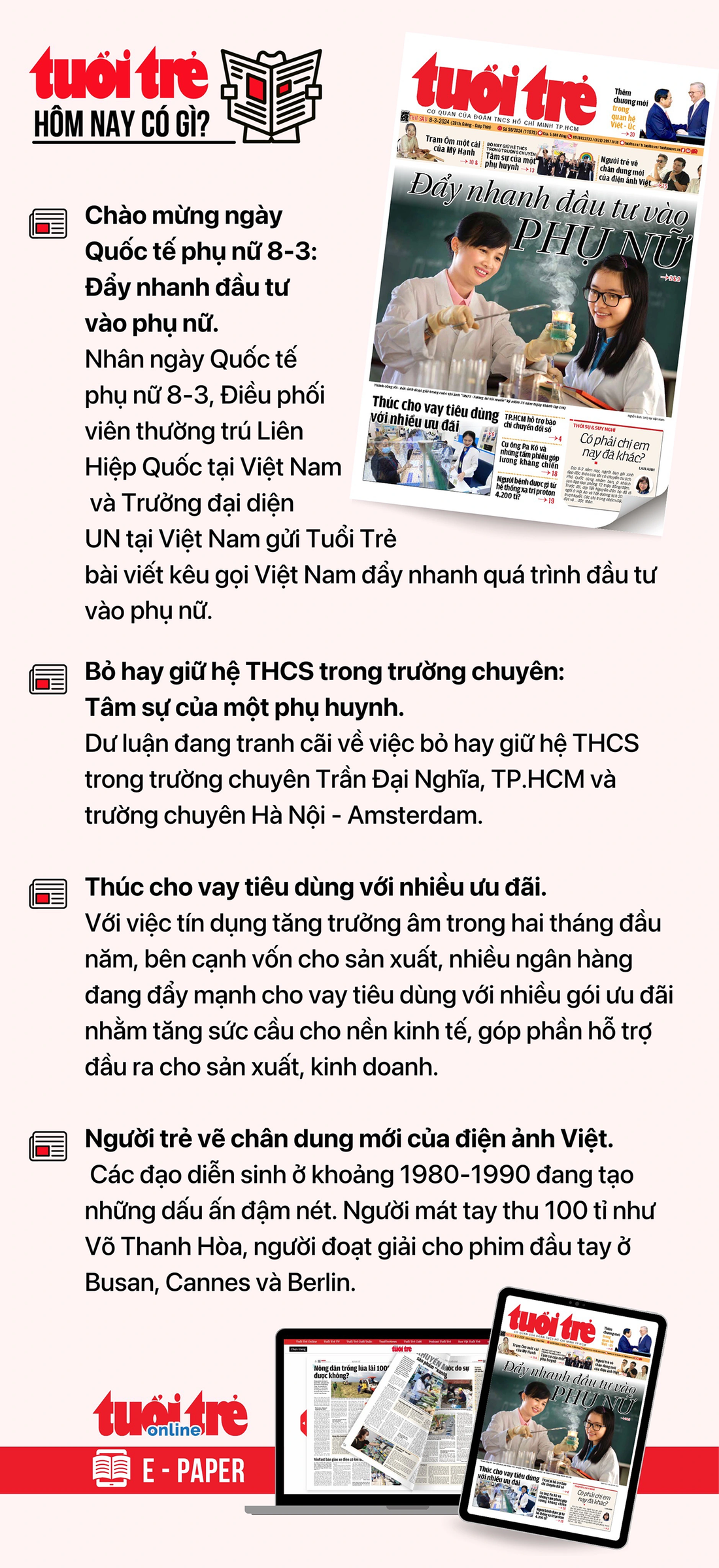 Tin tức đáng chú ý trên Tuổi Trẻ nhật báo ngày 8-3. Để đọc Tuổi Trẻ báo in phiên bản E-paper, mời bạn đăng ký Tuổi Trẻ Sao TẠI ĐÂY