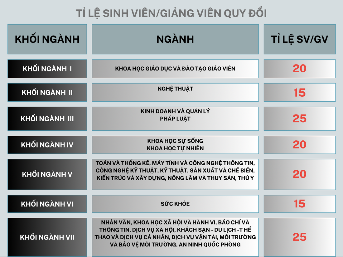 Các khối ngành, lĩnh vực đào tạo và tỉ lệ sinh viên/giảng viên khi xác định chỉ tiêu - Đồ họa: MINH GIẢNG