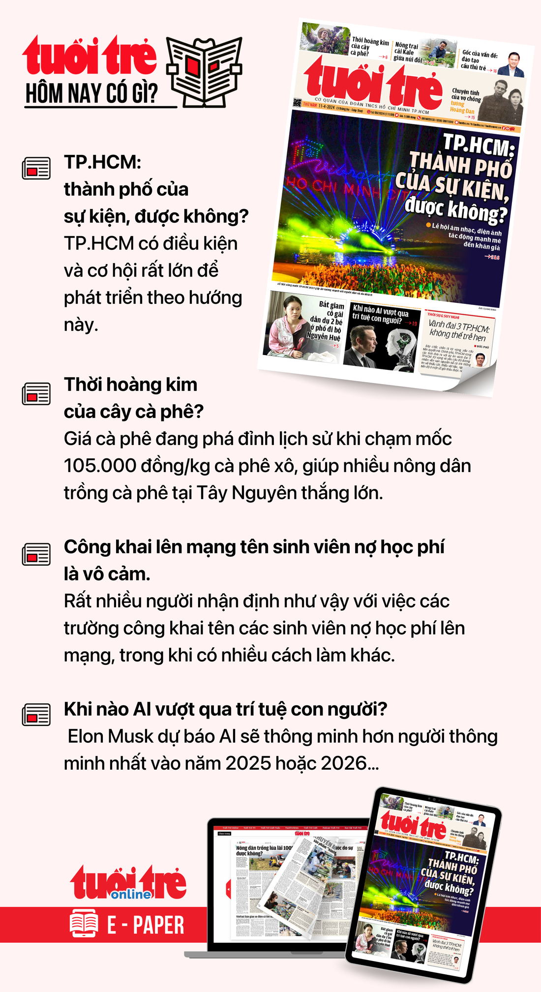 Tin tức chính trên Tuổi Trẻ nhật báo hôm nay 11-4. Để đọc Tuổi Trẻ báo in phiên bản E-paper, mời bạn đăng ký Tuổi Trẻ Sao TẠI ĐÂY