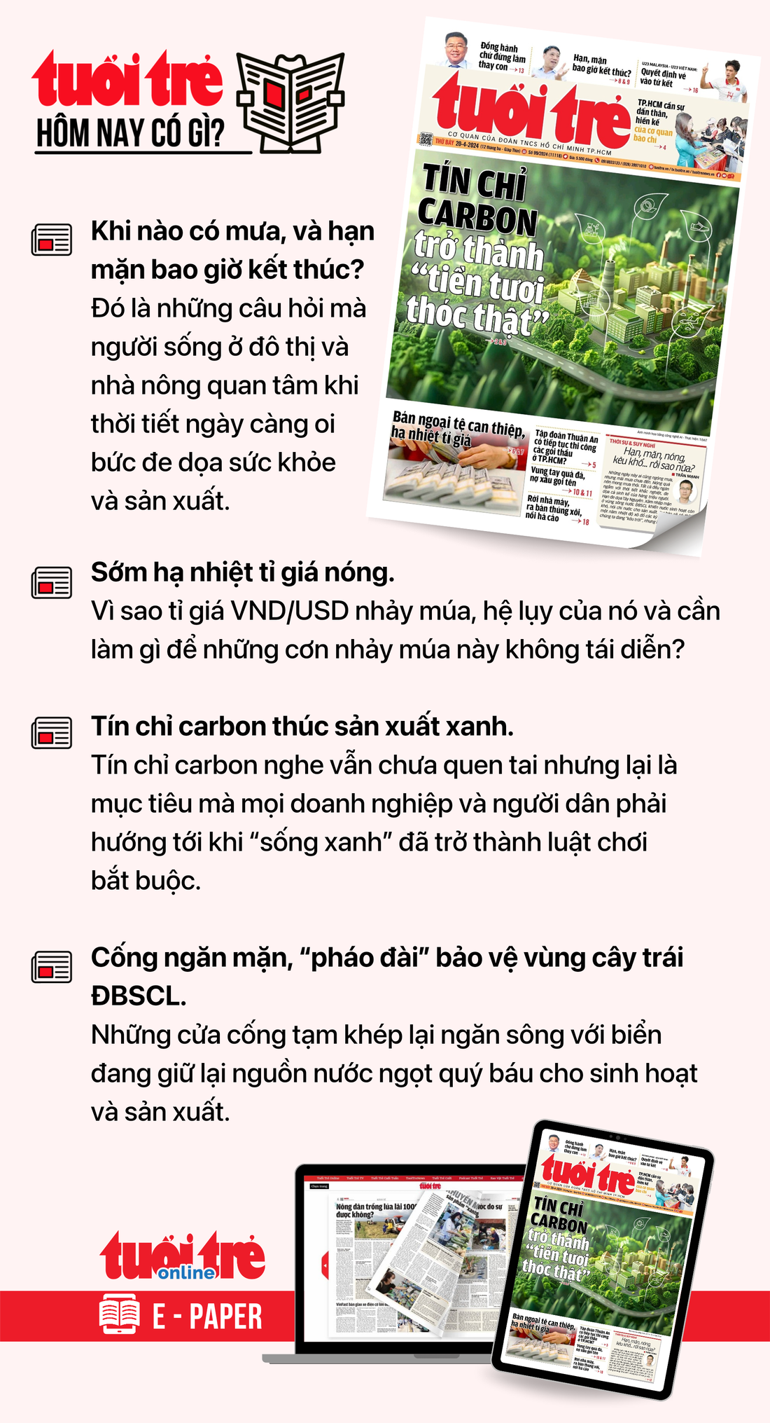 Tin tức chính trên Tuổi Trẻ nhật báo hôm nay 20-4. Để đọc Tuổi Trẻ báo in phiên bản E-paper, mời bạn đăng ký Tuổi Trẻ Sao TẠI ĐÂY