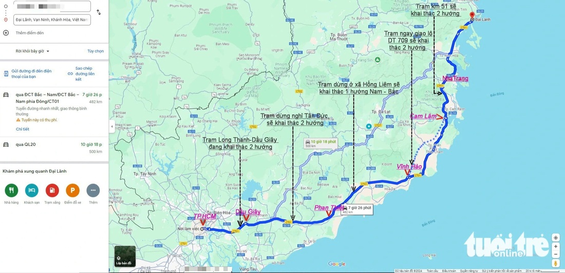 Các đoạn cao tốc, quốc lộ từ TP.HCM đi Đại Lãnh (Khánh Hòa). Trong đó, cao tốc Cam Lâm - Vĩnh Hảo sắp hoàn thành và các điểm dừng chân sẽ đưa vào sử dụng trước 27-4 - Đồ họa: T.T.D.