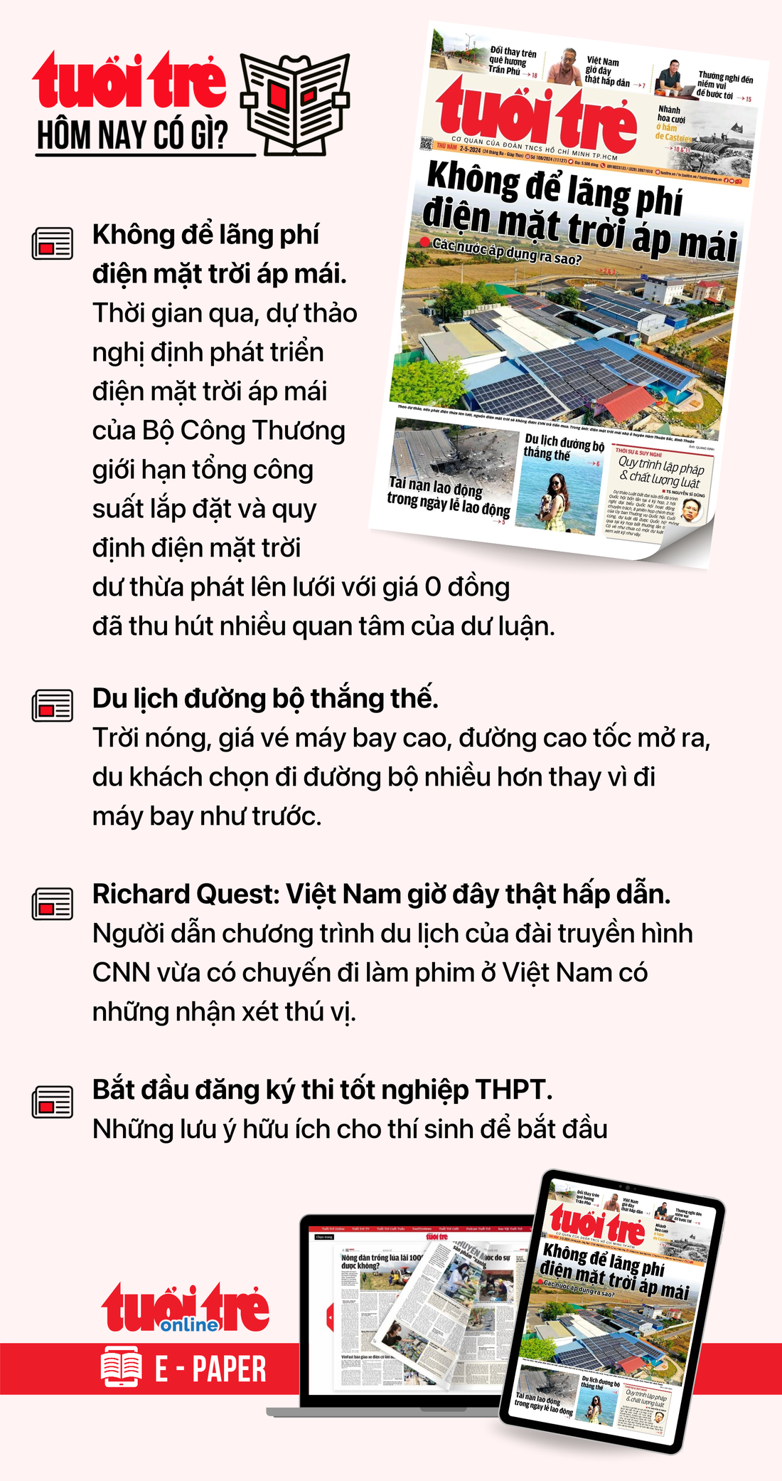 Tin tức chính trên Tuổi Trẻ nhật báo hôm nay 2-5. Để đọc Tuổi Trẻ báo in phiên bản E-paper, mời bạn đăng ký Tuổi Trẻ Sao TẠI ĐÂY