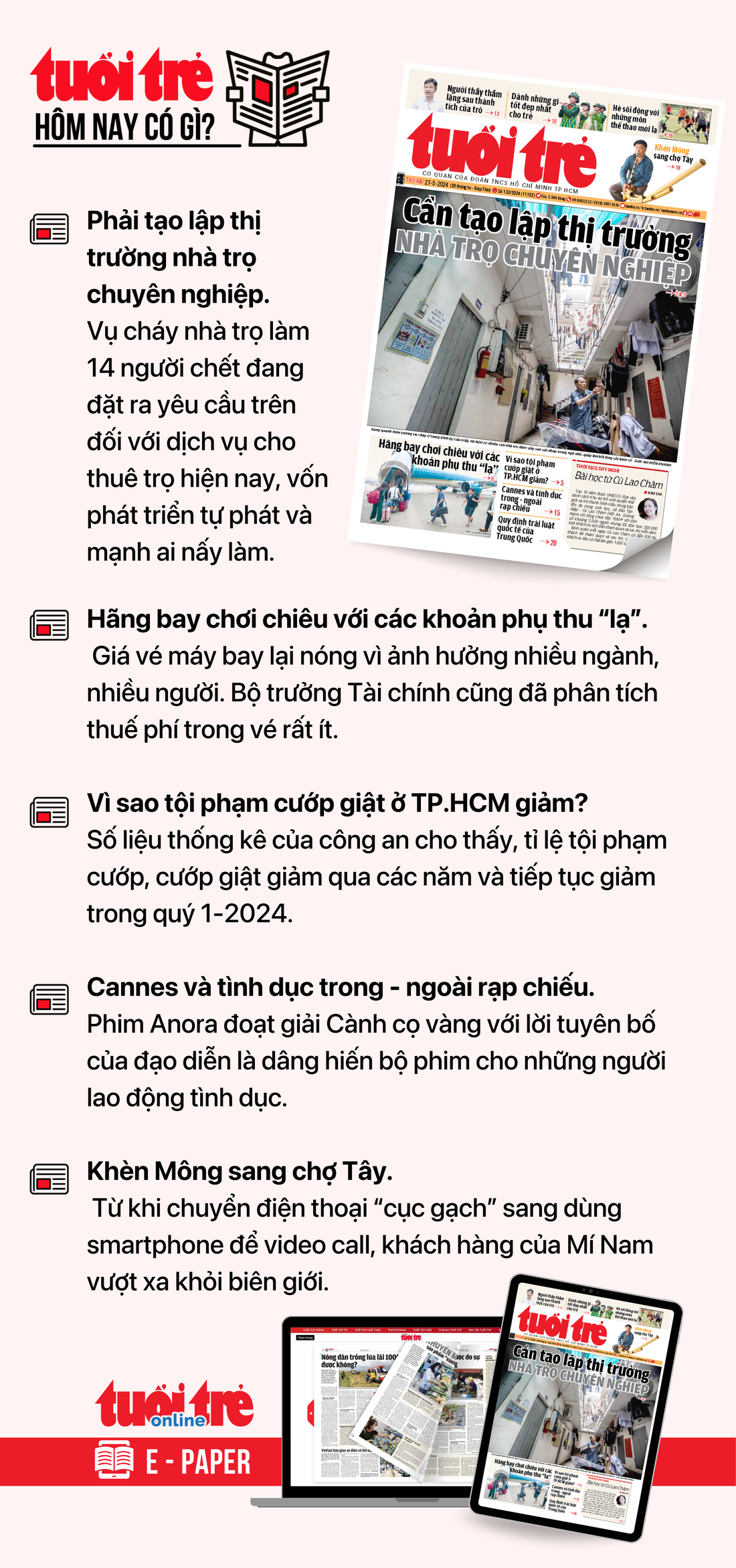 Tin tức chính trên Tuổi Trẻ nhật báo hôm nay 27-5. Để đọc Tuổi Trẻ báo in phiên bản E-paper, mời bạn đăng ký Tuổi Trẻ Sao TẠI ĐÂY