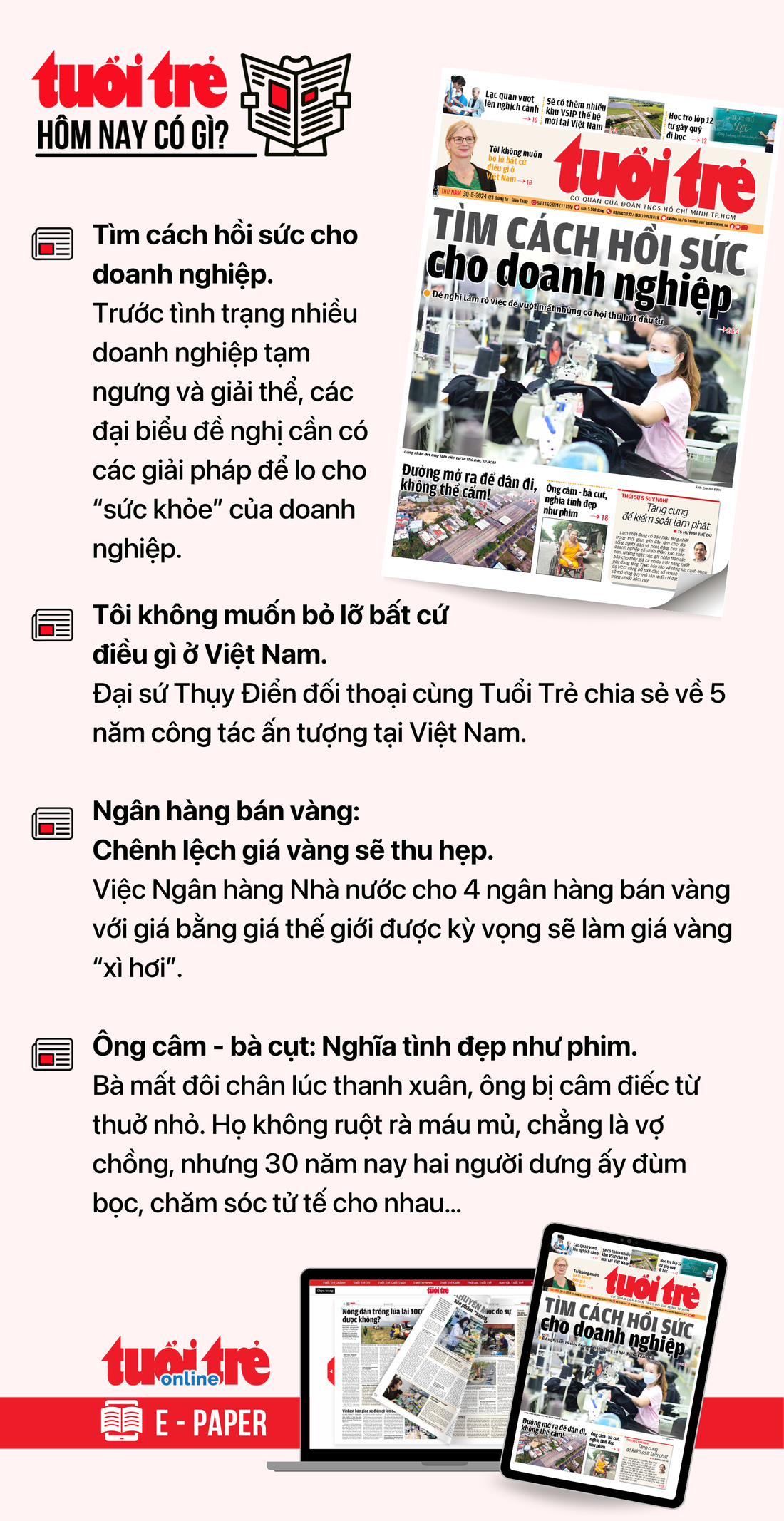 Tin tức chính trên Tuổi Trẻ nhật báo hôm nay 30-5. Để đọc Tuổi Trẻ báo in phiên bản E-paper, mời bạn đăng ký Tuổi Trẻ Sao TẠI ĐÂY