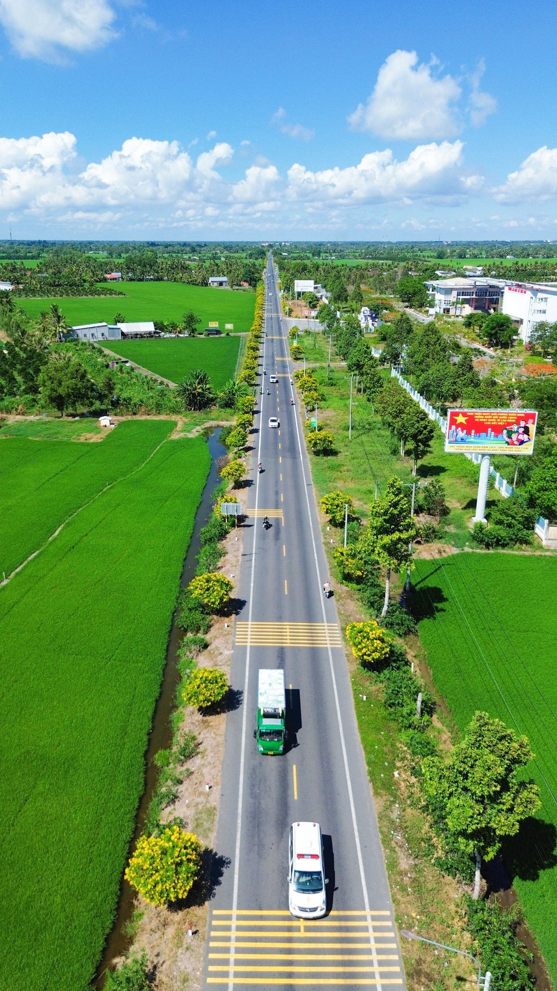 Con đường hoa hoàng yến (quốc lộ 61C, đoạn qua tỉnh Hậu Giang) nhìn từ trên cao - Ảnh: CHÍ CÔNG